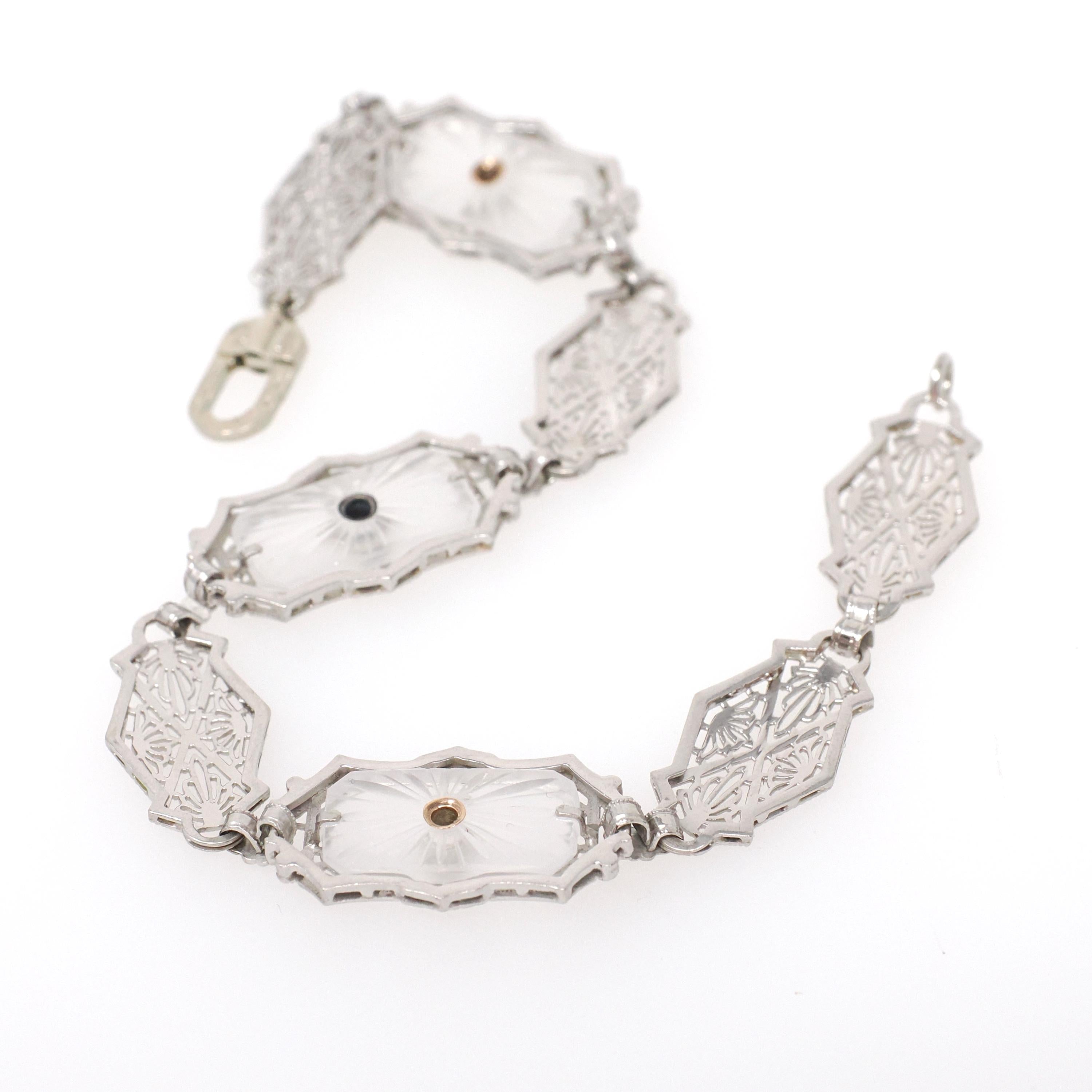 Rock Crystal Quartz Bracelet - Art Deco 14k White Gold Natural Diamond & Created Sapphire Accents - Circa 1930s Era Filigree Fine Jewelry