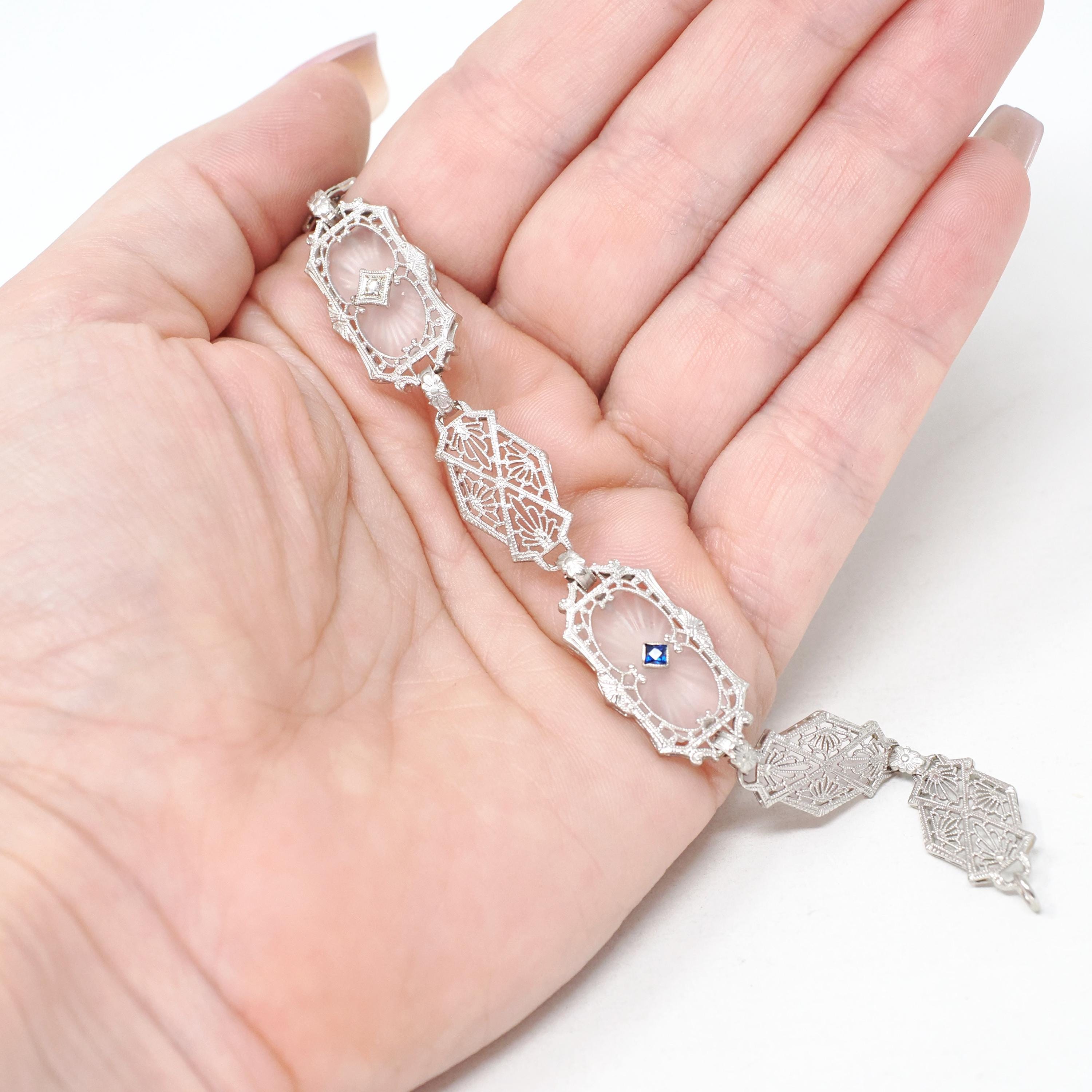 Rock Crystal Quartz Bracelet - Art Deco 14k White Gold Natural Diamond & Created Sapphire Accents - Circa 1930s Era Filigree Fine Jewelry