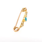 Antique Floral Brooch - Edwardian 18k Yellow Gold Natural Turquoise Gem & Seed Pearls Bar Pin - Circa 1900s Garland Fine Statement Jewelry