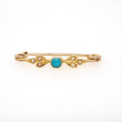 Antique Floral Brooch - Edwardian 18k Yellow Gold Natural Turquoise Gem & Seed Pearls Bar Pin - Circa 1900s Garland Fine Statement Jewelry