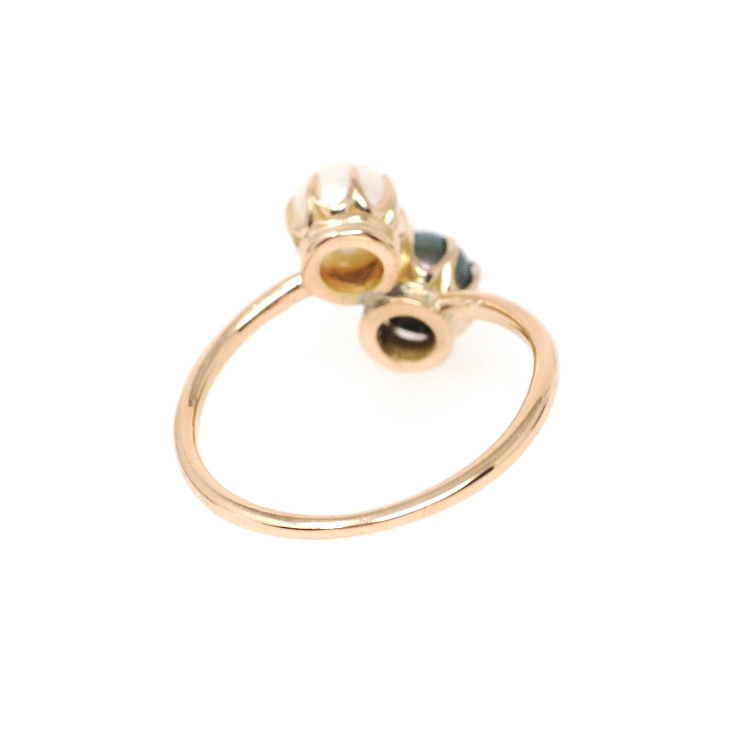 Cultured Pearl Ring - Antique 18k Yellow Gold White & Black Organic Gemstone - Edwardian Circa 1910s Era Size 5 1/2 Toi Et Moi Fine Jewelry