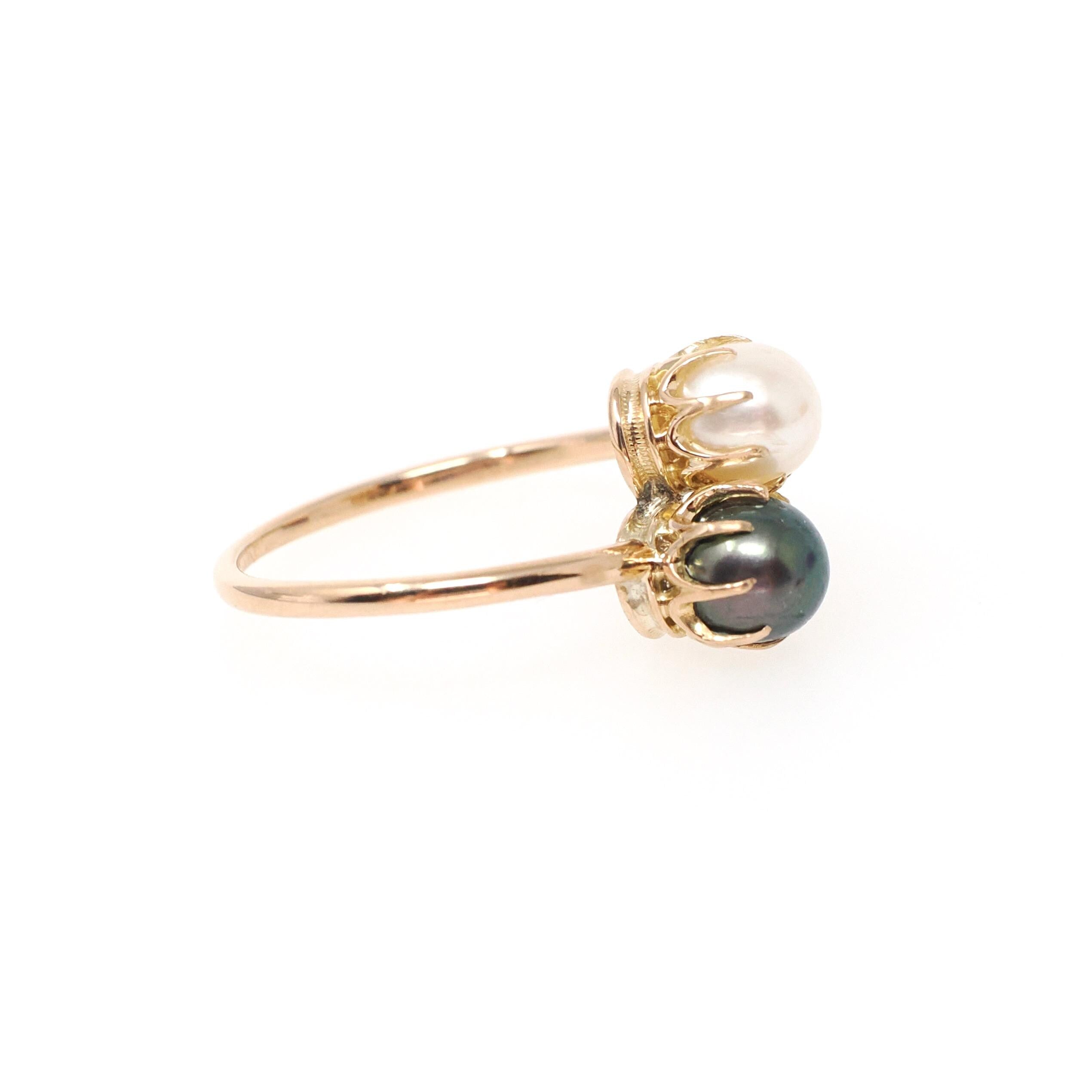 Cultured Pearl Ring - Antique 18k Yellow Gold White & Black Organic Gemstone - Edwardian Circa 1910s Era Size 5 1/2 Toi Et Moi Fine Jewelry
