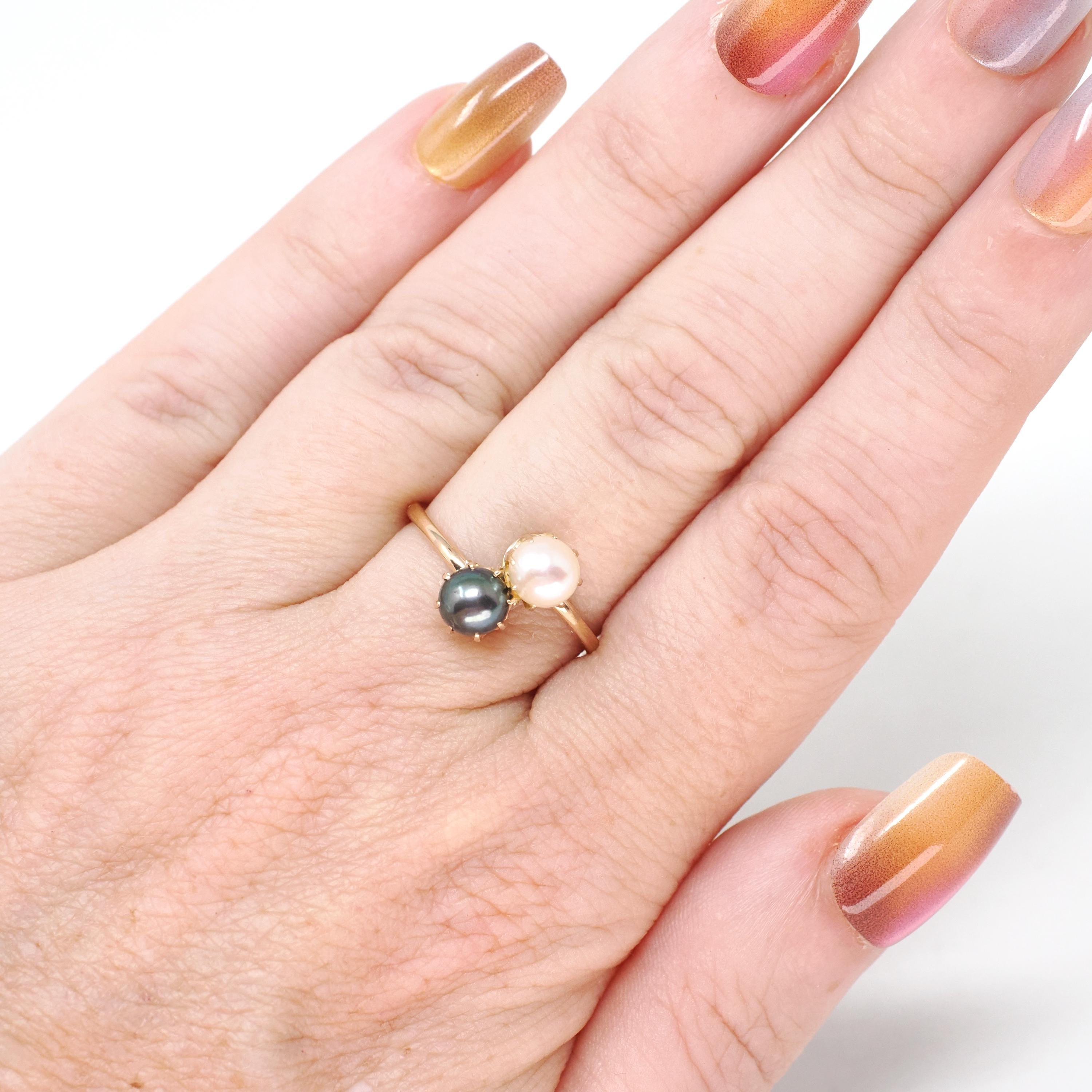 Cultured Pearl Ring - Antique 18k Yellow Gold White & Black Organic Gemstone - Edwardian Circa 1910s Era Size 5 1/2 Toi Et Moi Fine Jewelry