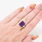 Created Color Change Sapphire Ring - Mid Century 10k Yellow Gold Rectangular Purple Blue Gem - Circa 1950s Era Size 6 1/2 Fine 50s Jewelry