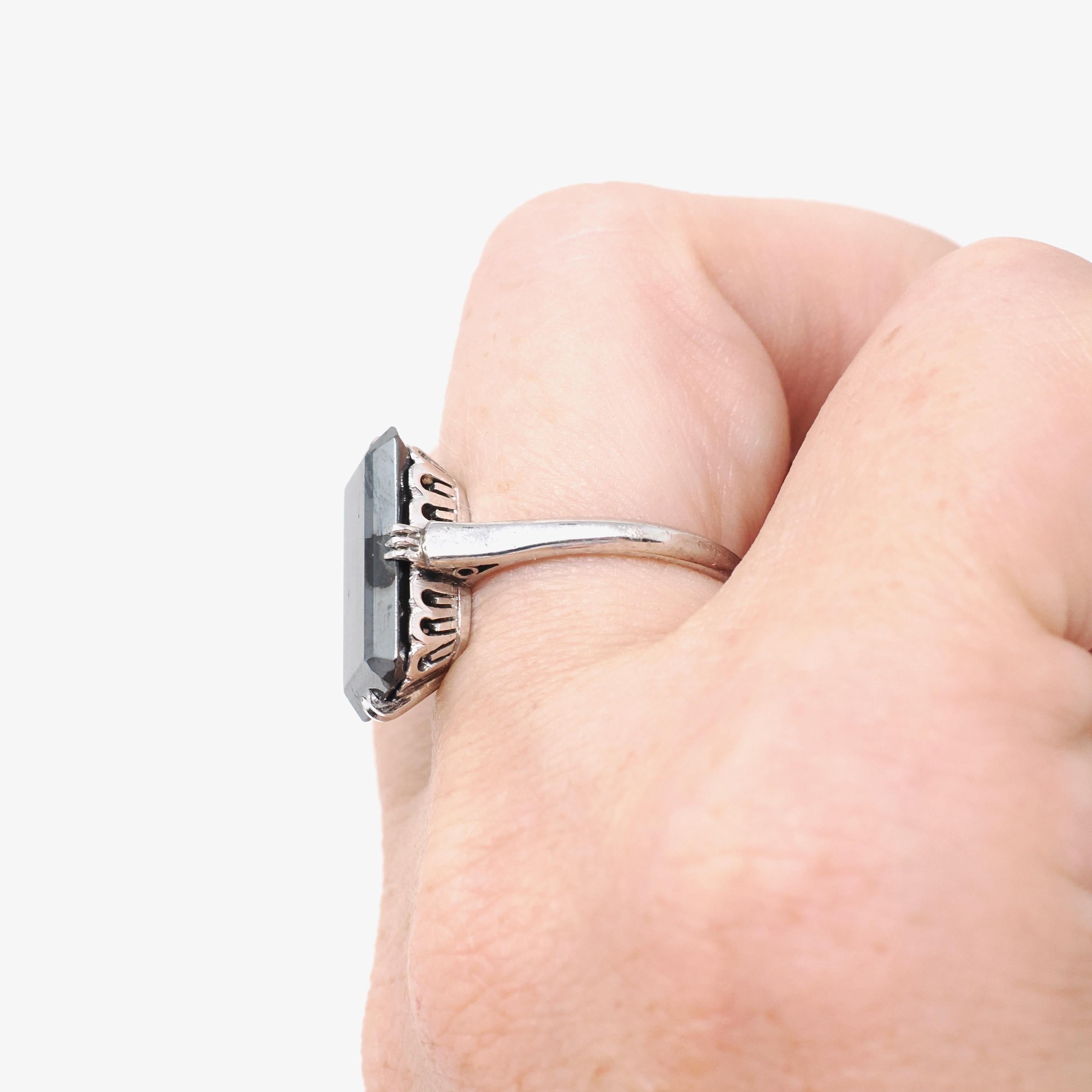 Vintage Hematite Ring - Mid Century 14k White Gold Dark Gray Metallic Solitaire - Circa Early 1960s Era Size 6 1/2 Fine Statement Jewelry