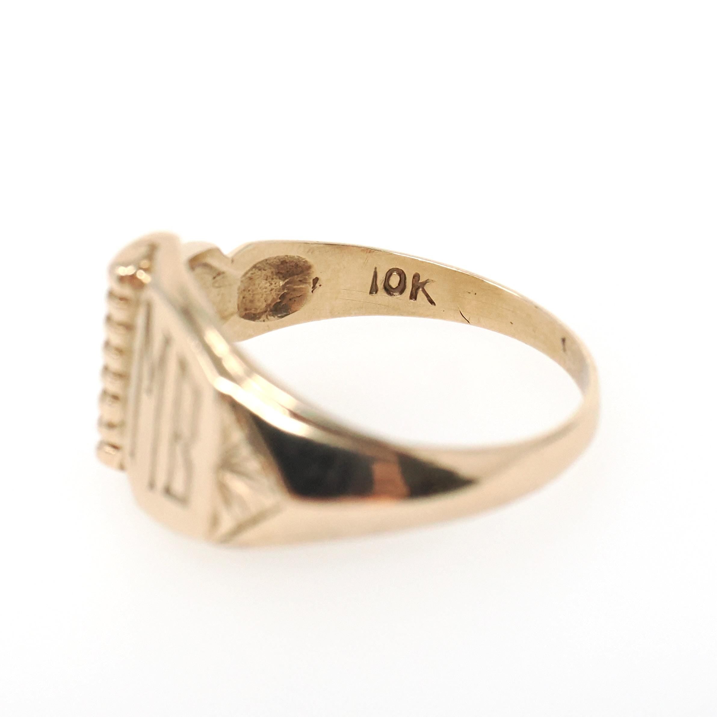 Vintage Signet Ring - Art Deco 10k Yellow Gold "MB" Engraved Initials Book Design - Circa 1930s Era Size 8 Unisex Fine Statement 30s Jewelry