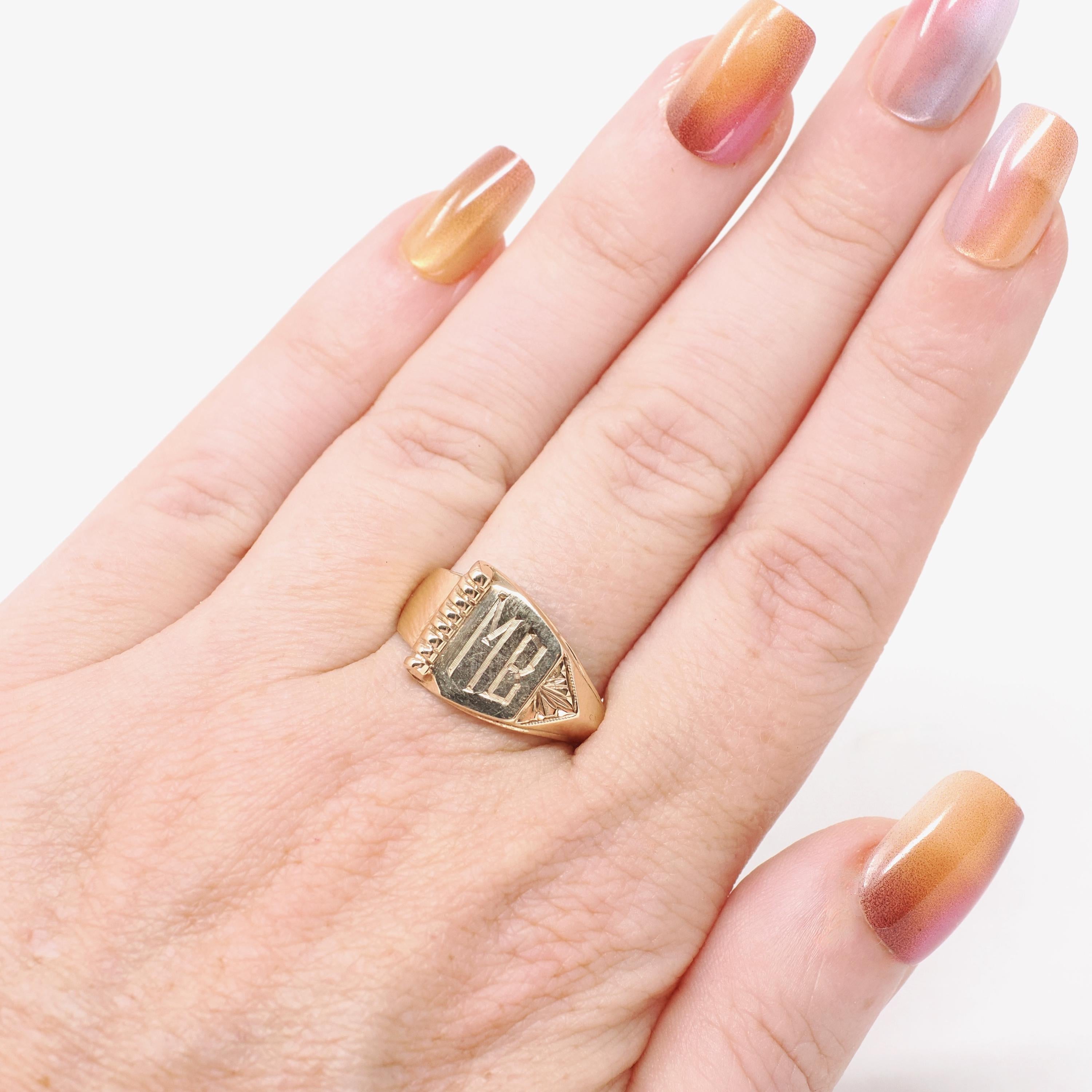 Vintage Signet Ring - Art Deco 10k Yellow Gold "MB" Engraved Initials Book Design - Circa 1930s Era Size 8 Unisex Fine Statement 30s Jewelry