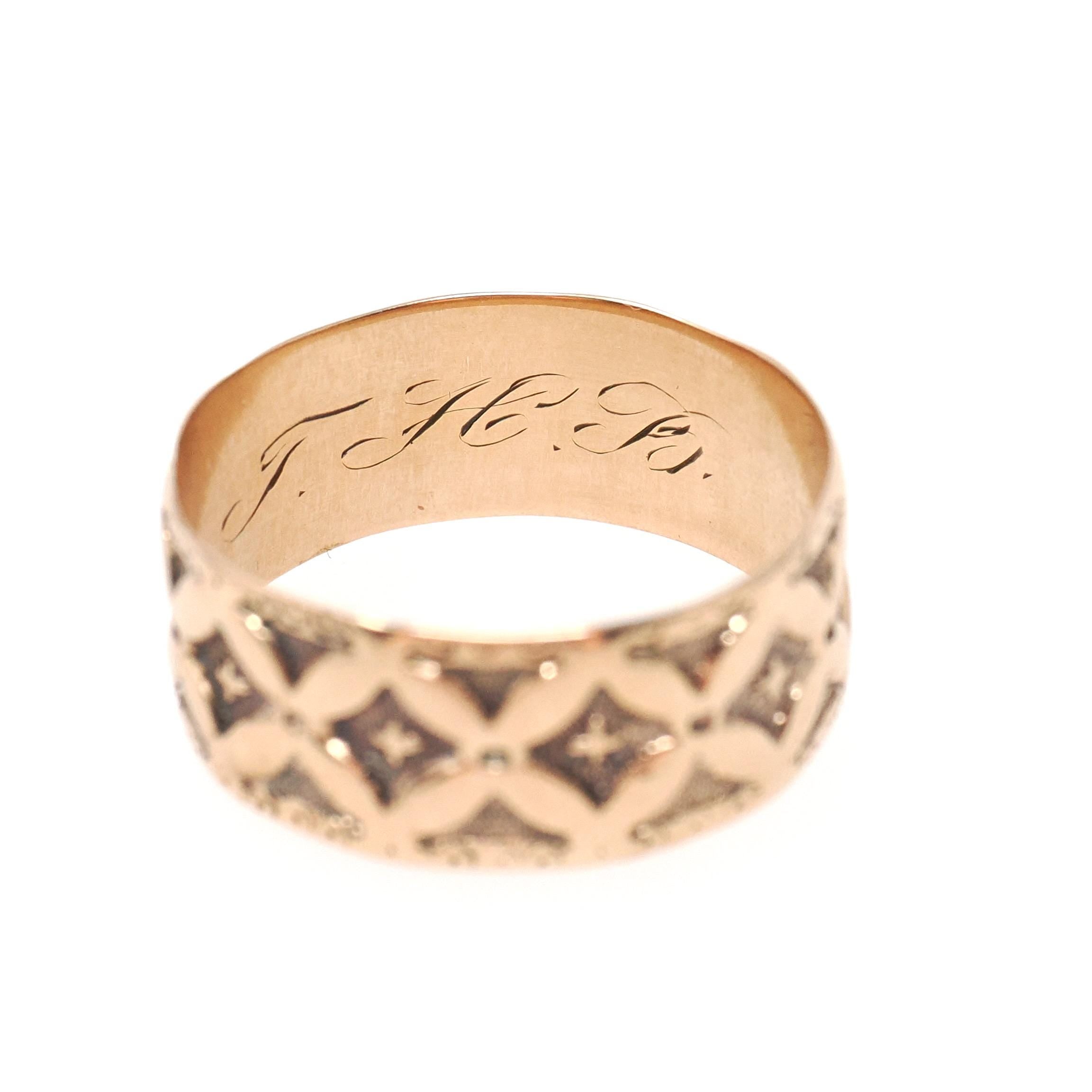 Antique Cigar Band - Edwardian 10k Rose Gold Floral & Cross Designs Wide Ring - Vintage Circa 1900s Era Size 8 Unisex Fine Stacking Jewelry