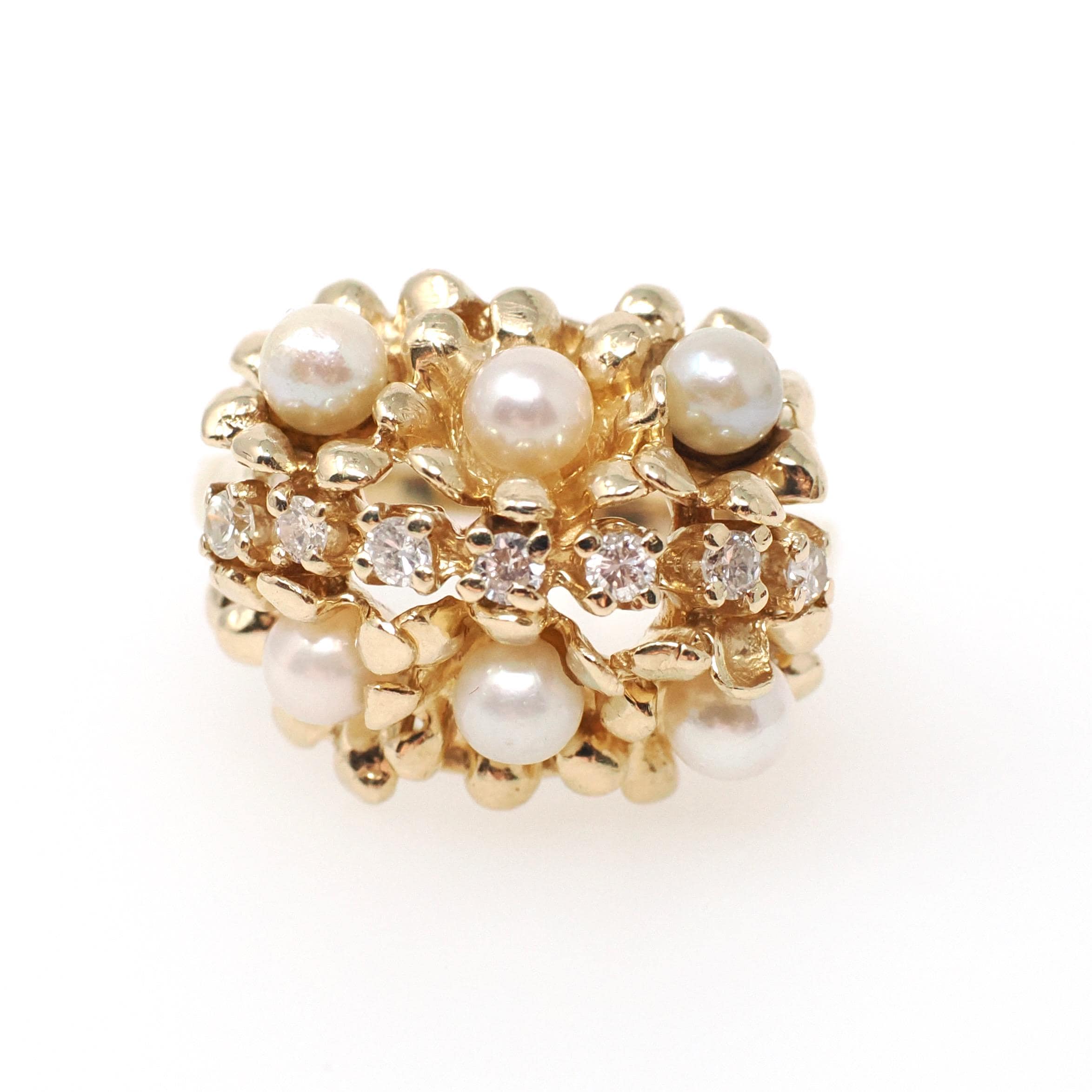 Vintage Pearl Cluster Ring - Retro Era 14k Yellow Gold Organic Cultured Gems & .19 CTW Diamonds - Circa 1960s Era Size 6 Fine Floral Jewelry