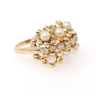 Vintage Pearl Cluster Ring - Retro Era 14k Yellow Gold Organic Cultured Gems & .19 CTW Diamonds - Circa 1960s Era Size 6 Fine Floral Jewelry