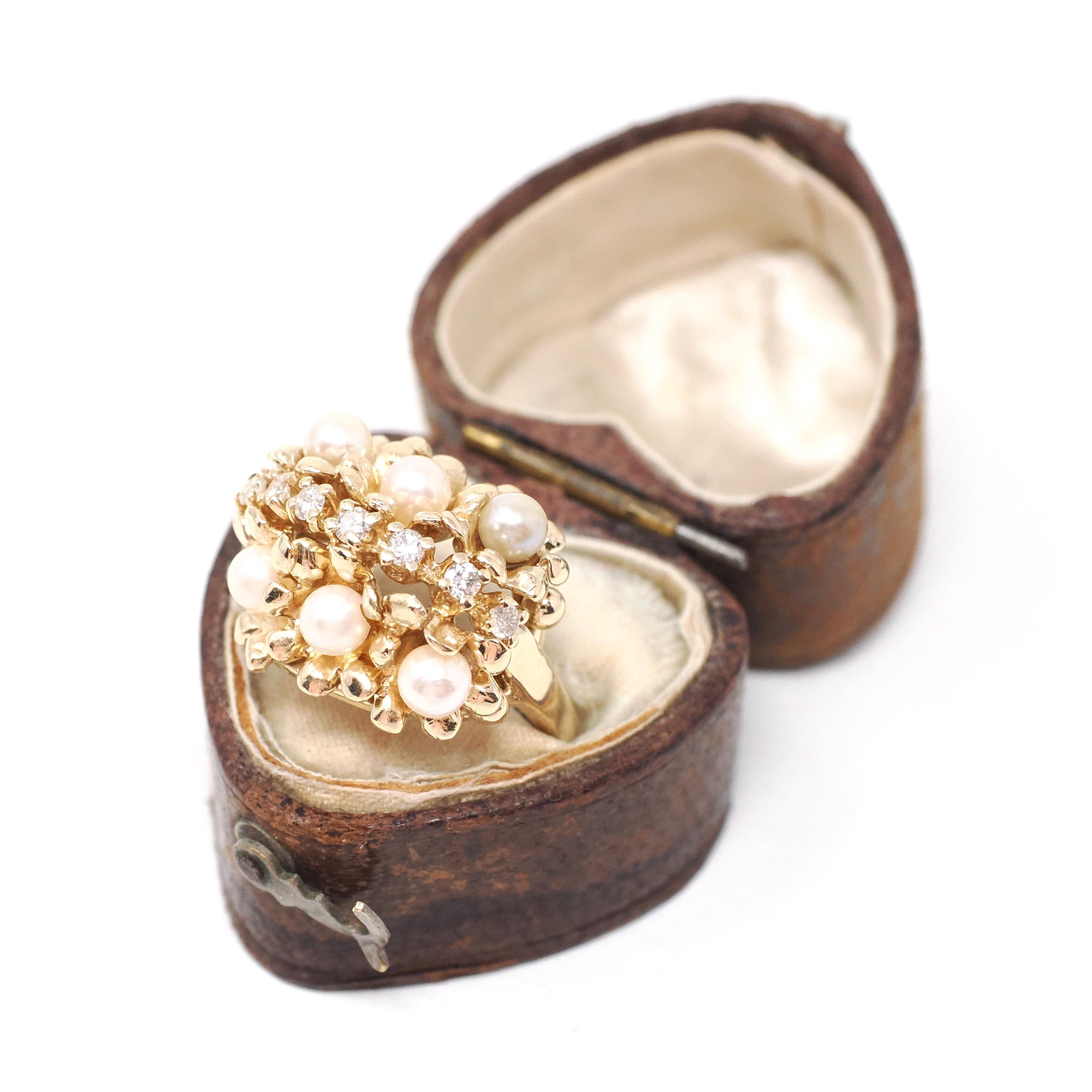 Vintage Pearl Cluster Ring - Retro Era 14k Yellow Gold Organic Cultured Gems & .19 CTW Diamonds - Circa 1960s Era Size 6 Fine Floral Jewelry