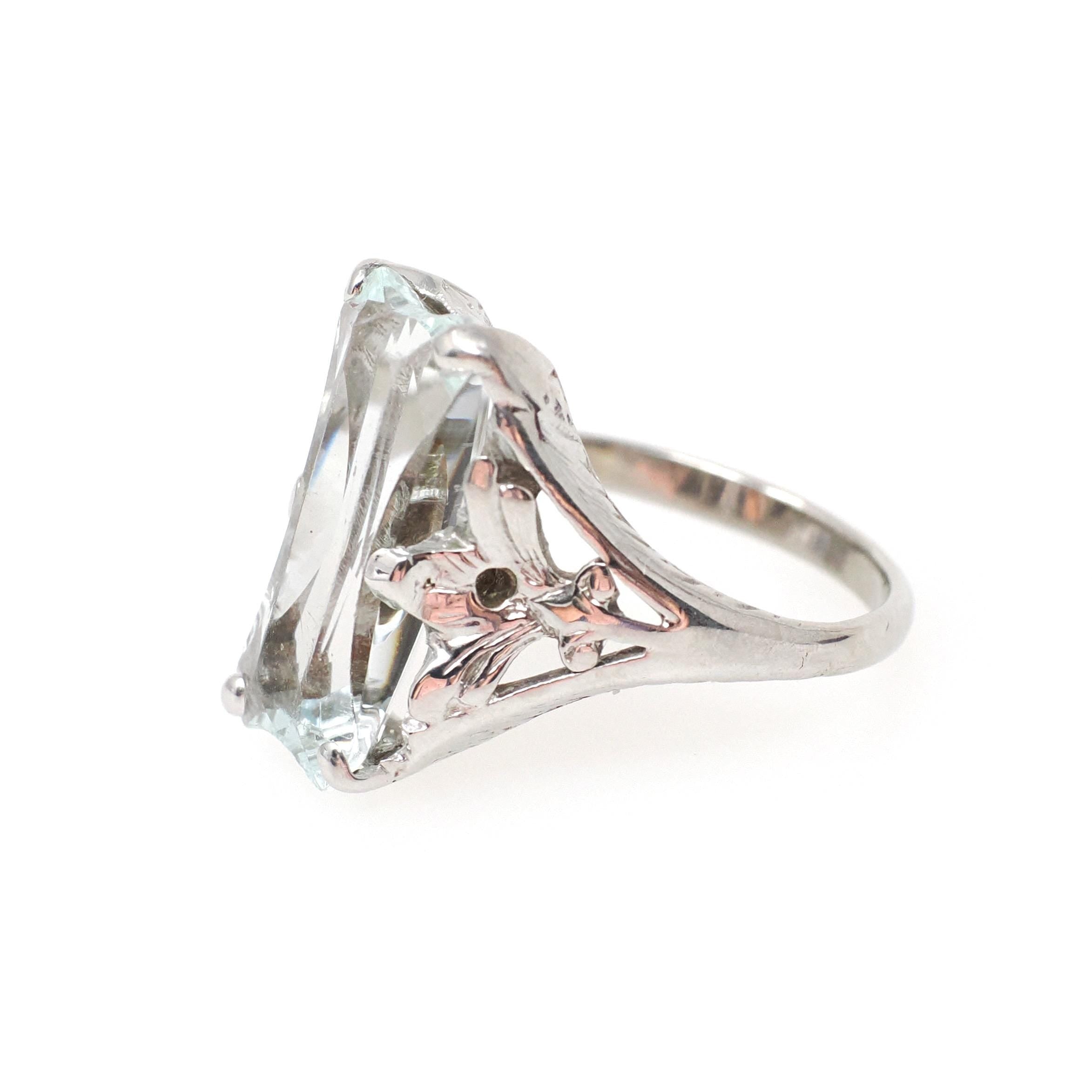 Vintage Aquamarine Ring - Art Deco 14k White Gold Light Blue Fancy Hourglass Cut Gemstone - Circa 1930s Era Size 4 1/2 Filigree Fine Jewelry