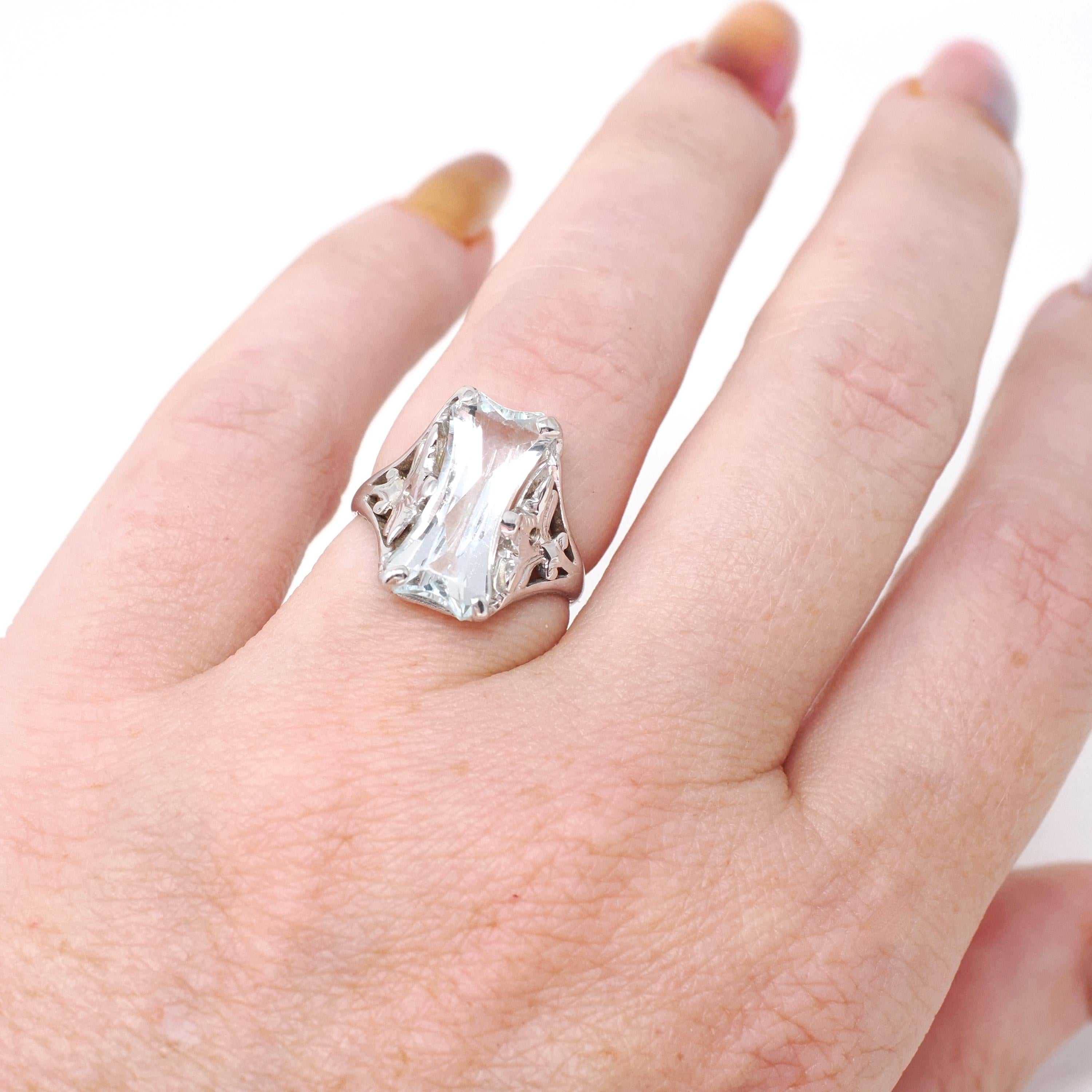 Vintage Aquamarine Ring - Art Deco 14k White Gold Light Blue Fancy Hourglass Cut Gemstone - Circa 1930s Era Size 4 1/2 Filigree Fine Jewelry