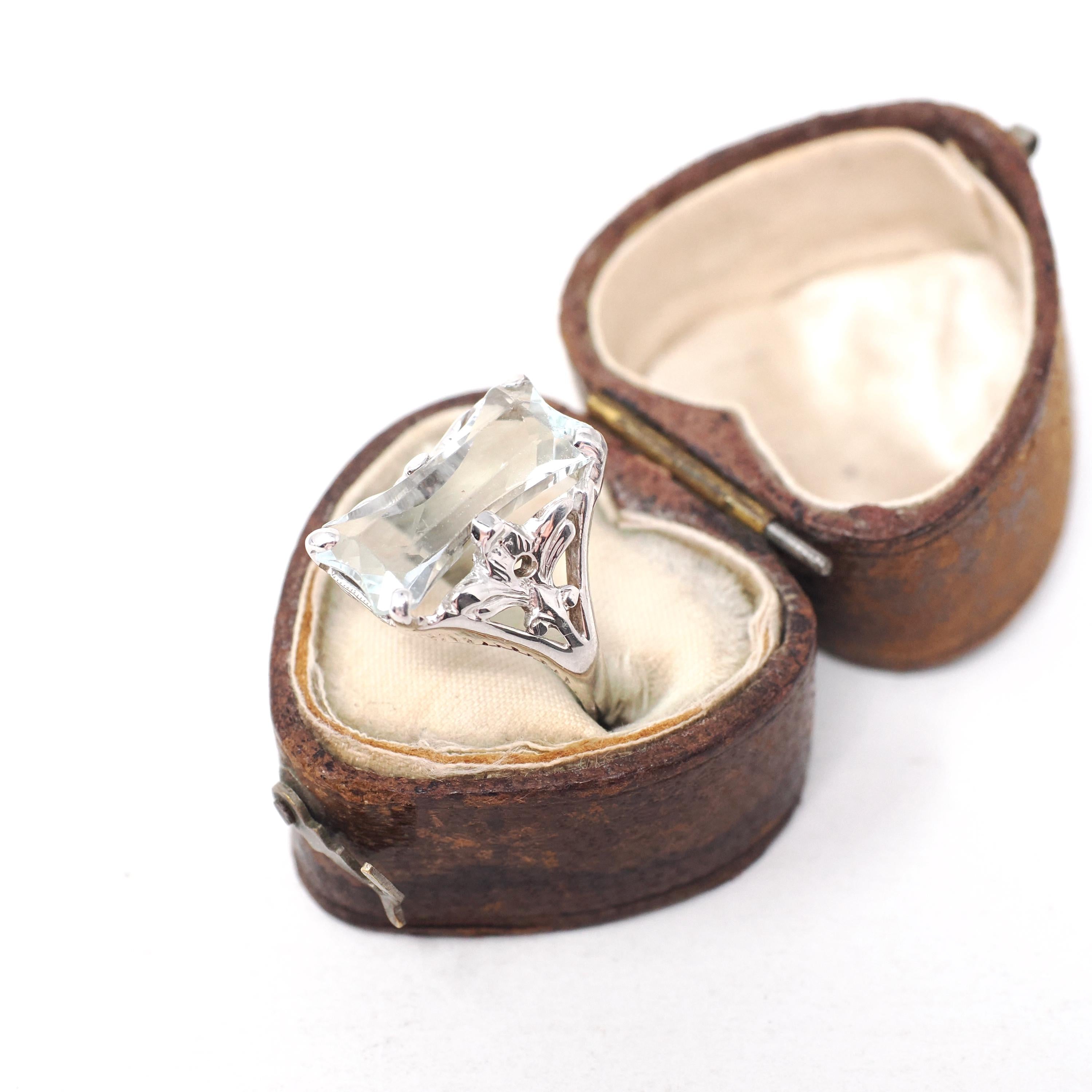 Vintage Aquamarine Ring - Art Deco 14k White Gold Light Blue Fancy Hourglass Cut Gemstone - Circa 1930s Era Size 4 1/2 Filigree Fine Jewelry