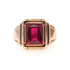 Created Ruby Ring - Retro Era 10k Yellow Gold Men's Unisex Pink Red Faceted Gemstone - Circa 1940s Size 11 1/2 Large Statement Fine Jewelry