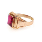Created Ruby Ring - Retro Era 10k Yellow Gold Men's Unisex Pink Red Faceted Gemstone - Circa 1940s Size 11 1/2 Large Statement Fine Jewelry