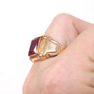 Created Ruby Ring - Retro Era 10k Yellow Gold Men's Unisex Pink Red Faceted Gemstone - Circa 1940s Size 11 1/2 Large Statement Fine Jewelry