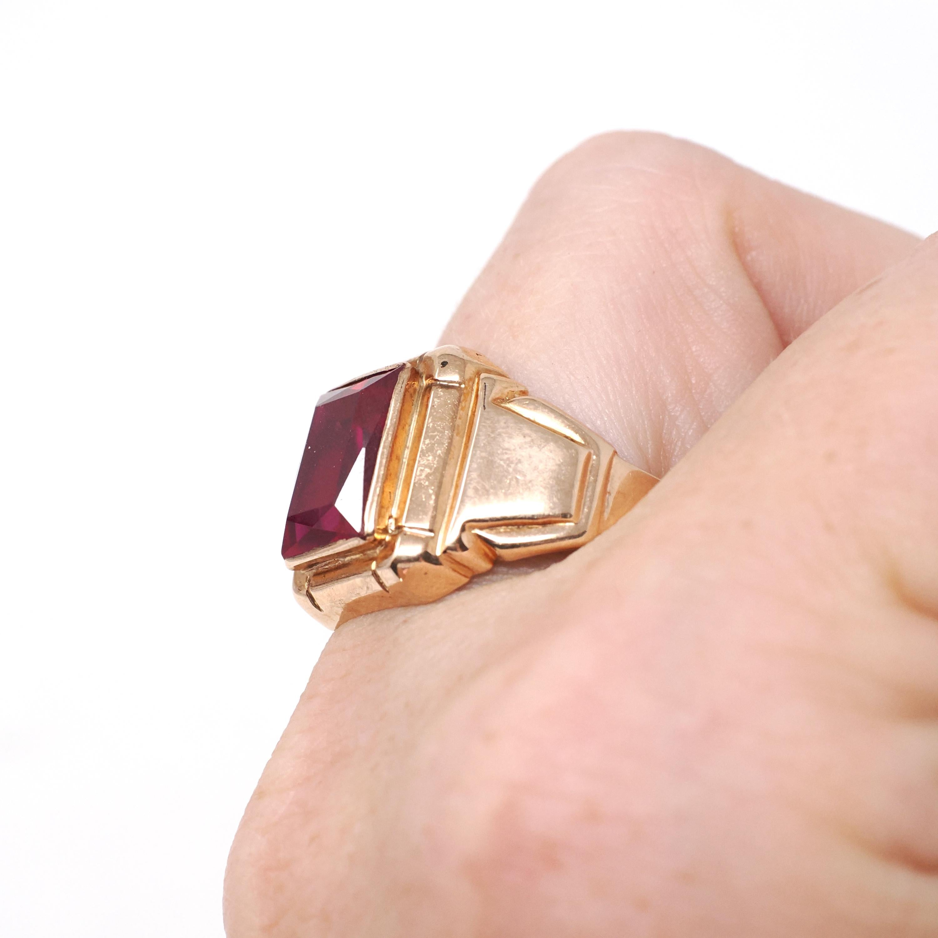 Created Ruby Ring - Retro Era 10k Yellow Gold Men's Unisex Pink Red Faceted Gemstone - Circa 1940s Size 11 1/2 Large Statement Fine Jewelry