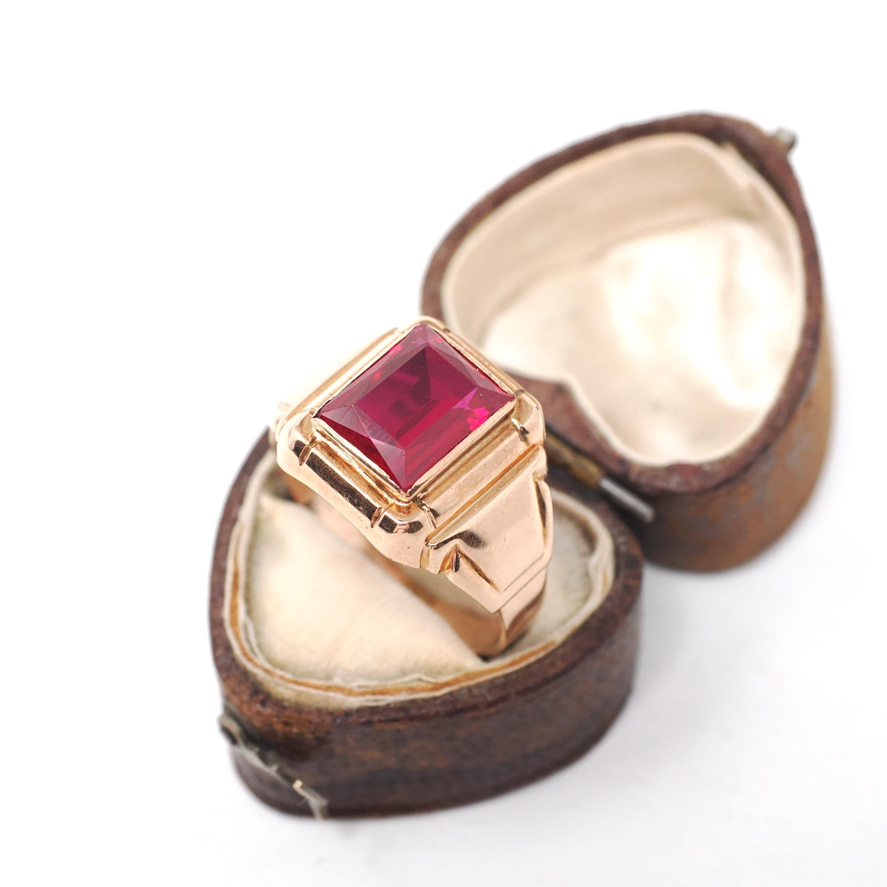 Created Ruby Ring - Retro Era 10k Yellow Gold Men's Unisex Pink Red Faceted Gemstone - Circa 1940s Size 11 1/2 Large Statement Fine Jewelry