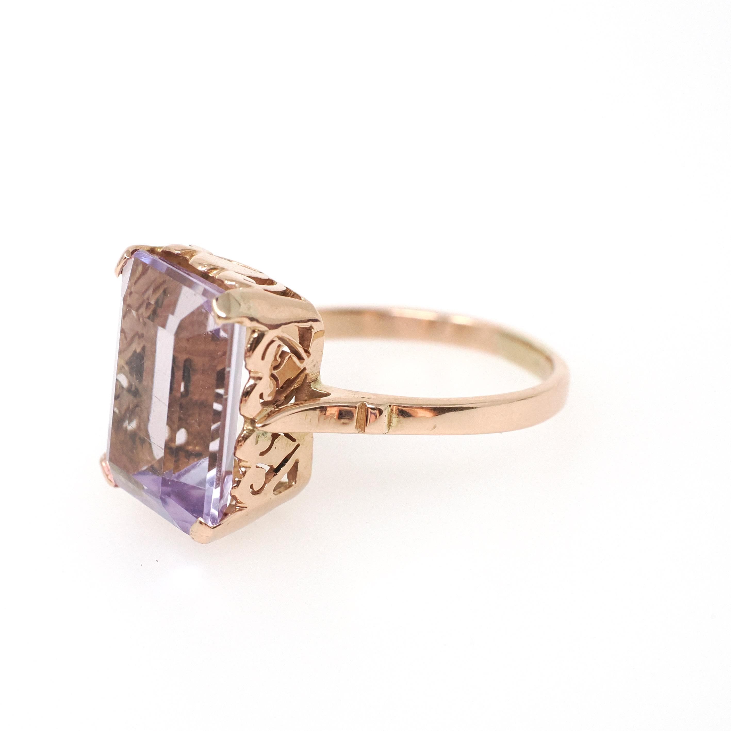 Vintage Amethyst Ring - Retro 14k Yellow Gold Rectangular Step Cut Purple Gem - Circa 1940s Era Size 7 3/4 February Birthstone Fine Jewelry
