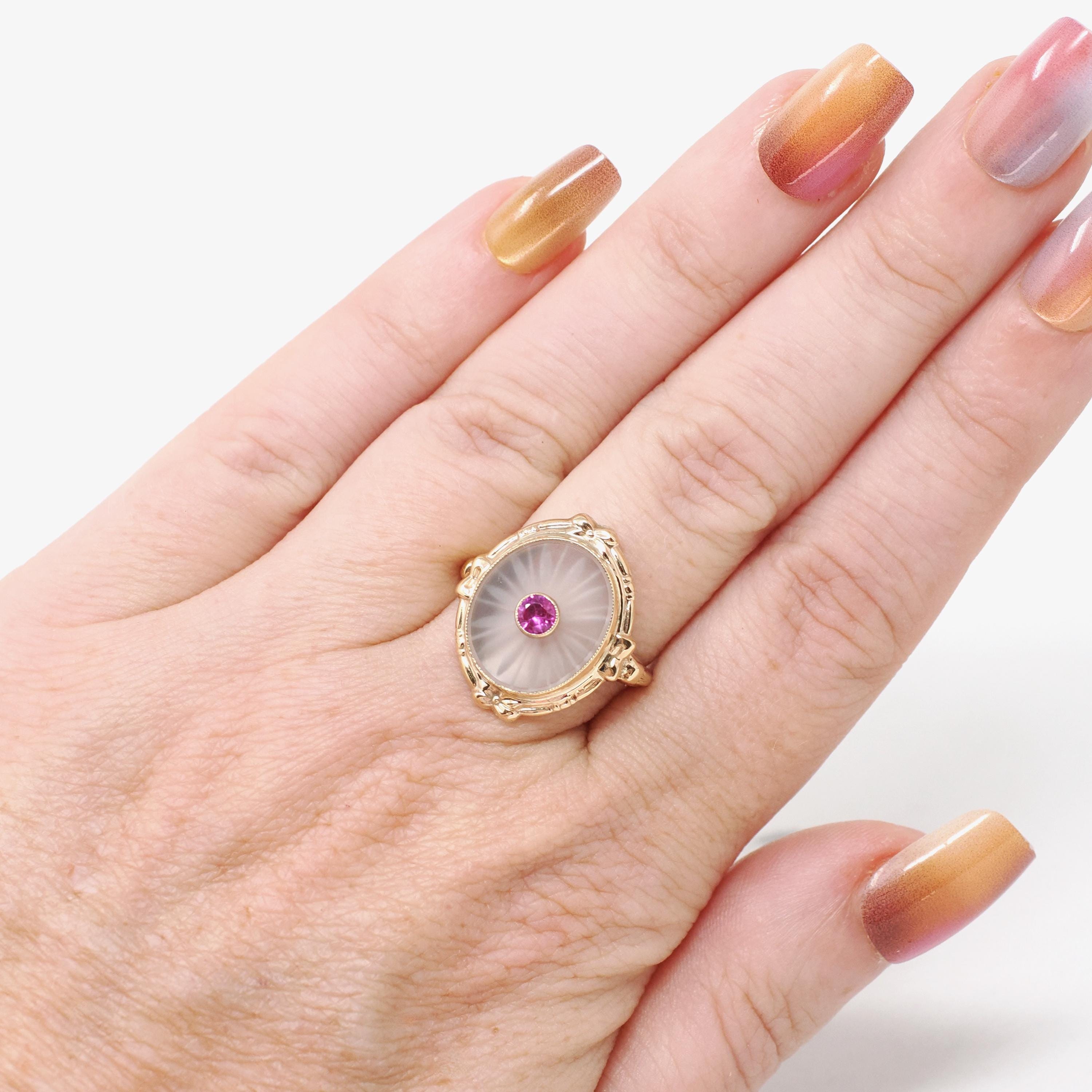 Rock Crystal Quartz Ring - Vintage 10k Yellow Gold Oval Camphor & Created Ruby Shield - Circa 1940s Size 6 1/4 July Birthstone Fine Jewelry