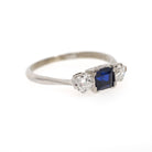 Vintage Three Stone Ring - Mid Century 18k White Gold Created Blue Sapphire & .35 CTW Diamonds - Circa 1950s Size 7 1/4 Fine Bridal Jewelry