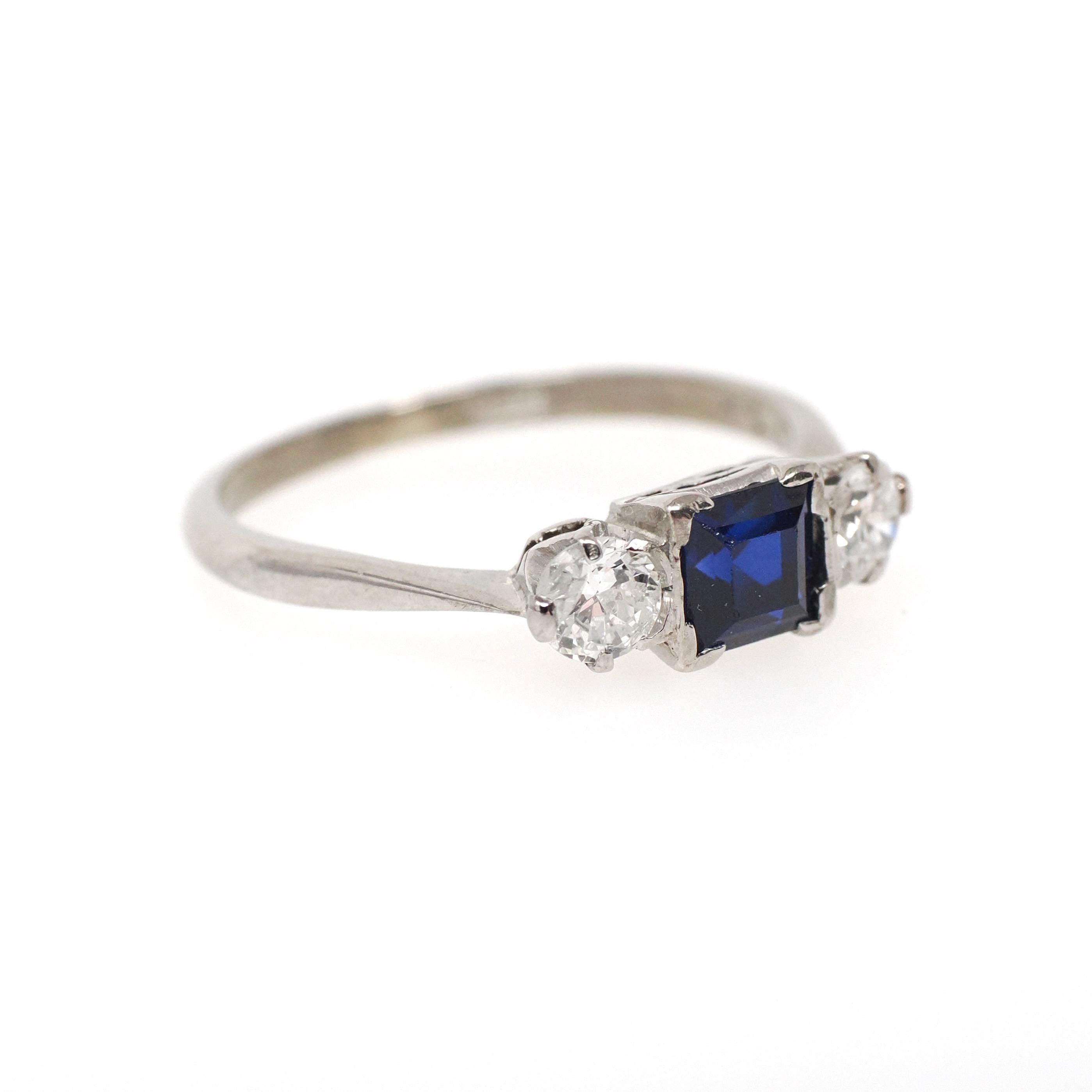 Vintage Three Stone Ring - Mid Century 18k White Gold Created Blue Sapphire & .35 CTW Diamonds - Circa 1950s Size 7 1/4 Fine Bridal Jewelry