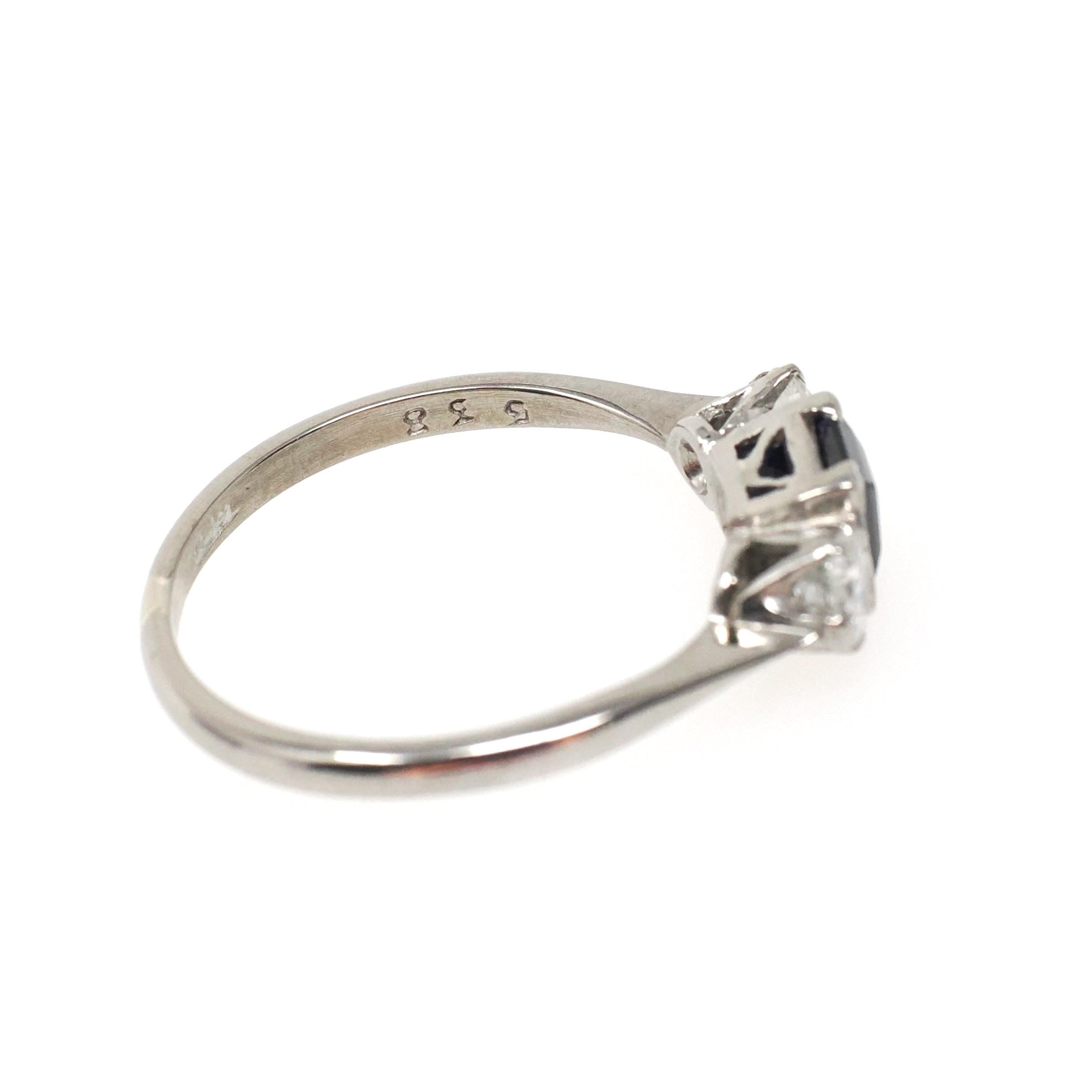 Vintage Three Stone Ring - Mid Century 18k White Gold Created Blue Sapphire & .35 CTW Diamonds - Circa 1950s Size 7 1/4 Fine Bridal Jewelry
