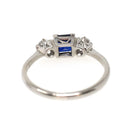 Vintage Three Stone Ring - Mid Century 18k White Gold Created Blue Sapphire & .35 CTW Diamonds - Circa 1950s Size 7 1/4 Fine Bridal Jewelry