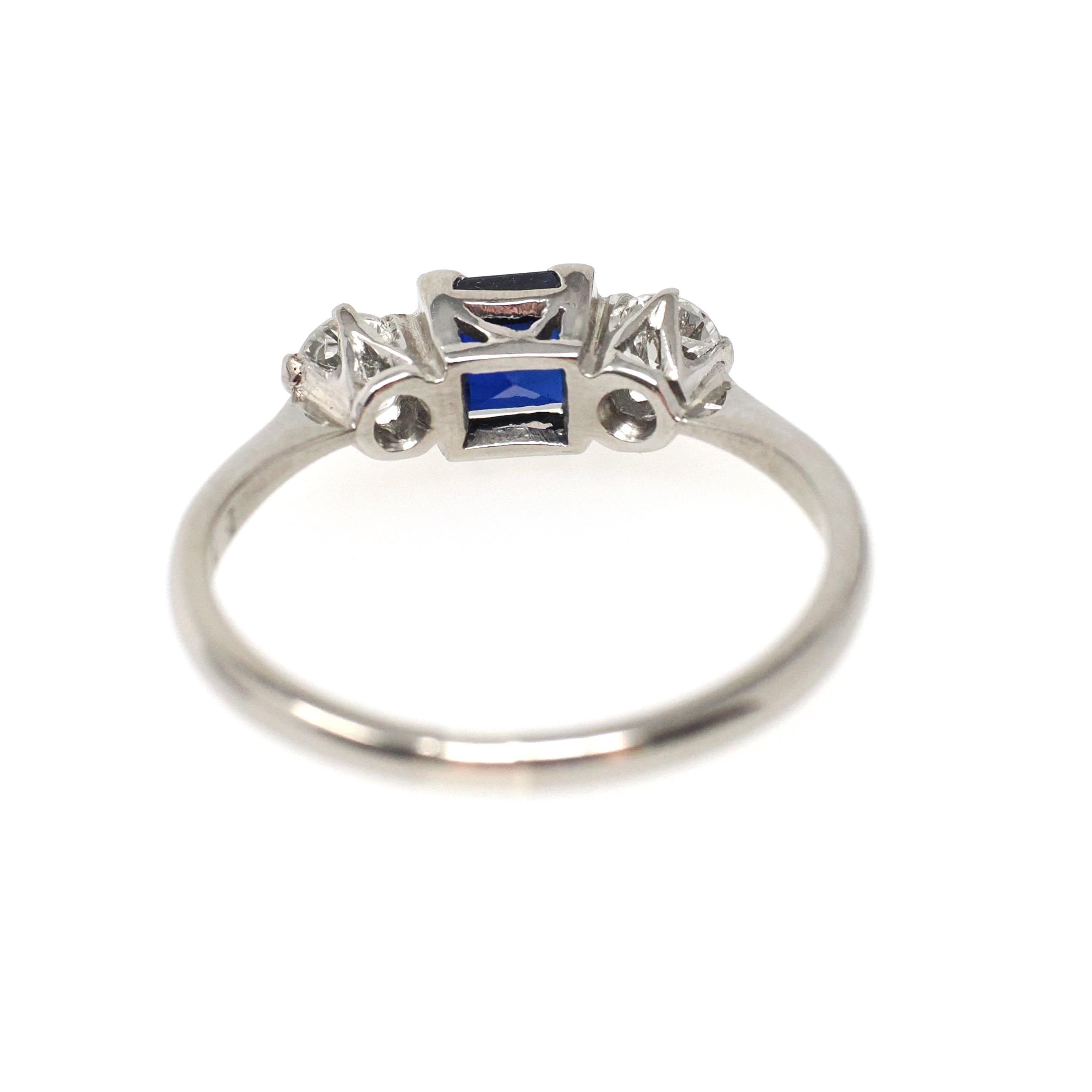 Vintage Three Stone Ring - Mid Century 18k White Gold Created Blue Sapphire & .35 CTW Diamonds - Circa 1950s Size 7 1/4 Fine Bridal Jewelry