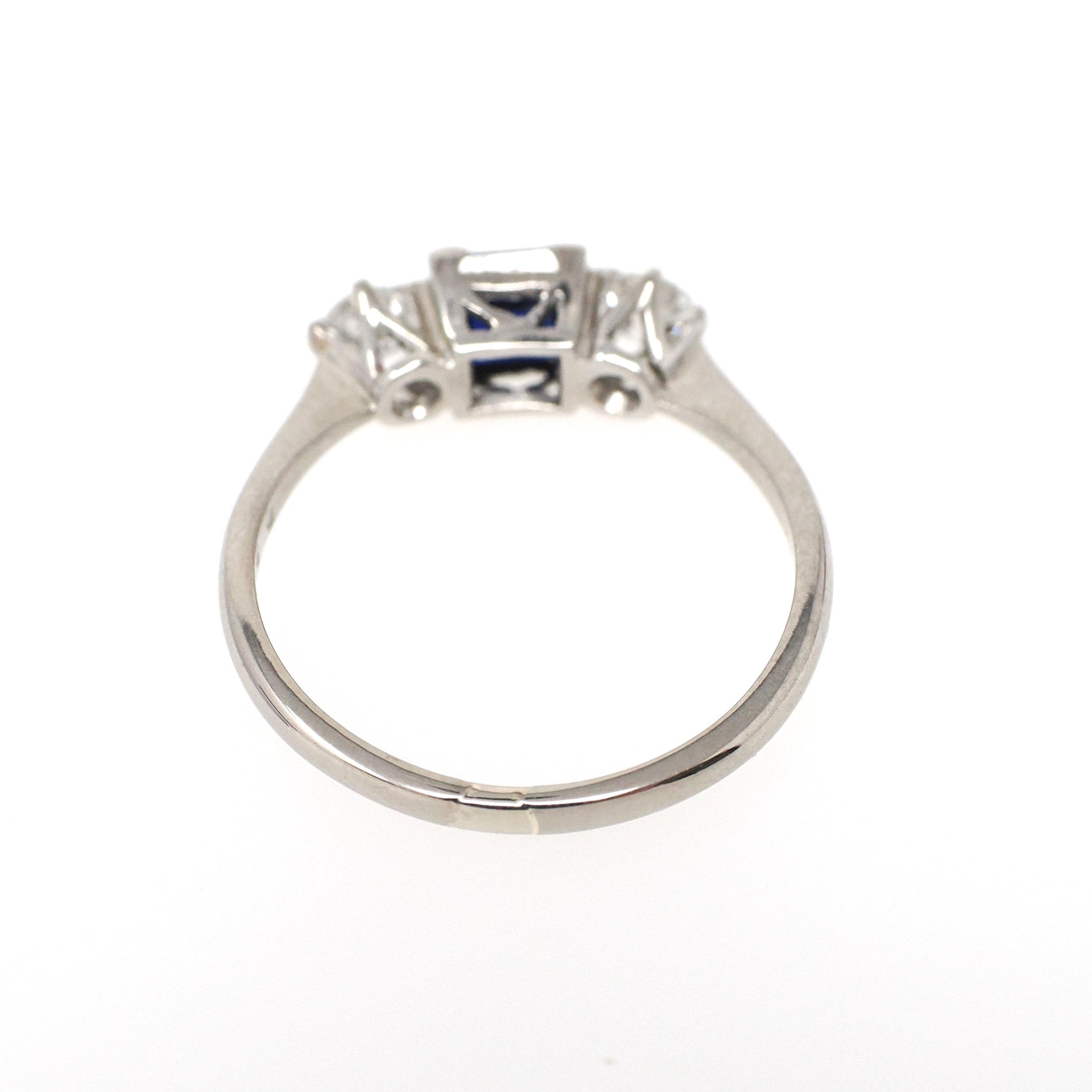 Vintage Three Stone Ring - Mid Century 18k White Gold Created Blue Sapphire & .35 CTW Diamonds - Circa 1950s Size 7 1/4 Fine Bridal Jewelry