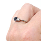 Vintage Three Stone Ring - Mid Century 18k White Gold Created Blue Sapphire & .35 CTW Diamonds - Circa 1950s Size 7 1/4 Fine Bridal Jewelry