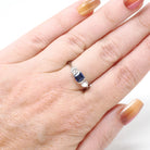 Vintage Three Stone Ring - Mid Century 18k White Gold Created Blue Sapphire & .35 CTW Diamonds - Circa 1950s Size 7 1/4 Fine Bridal Jewelry