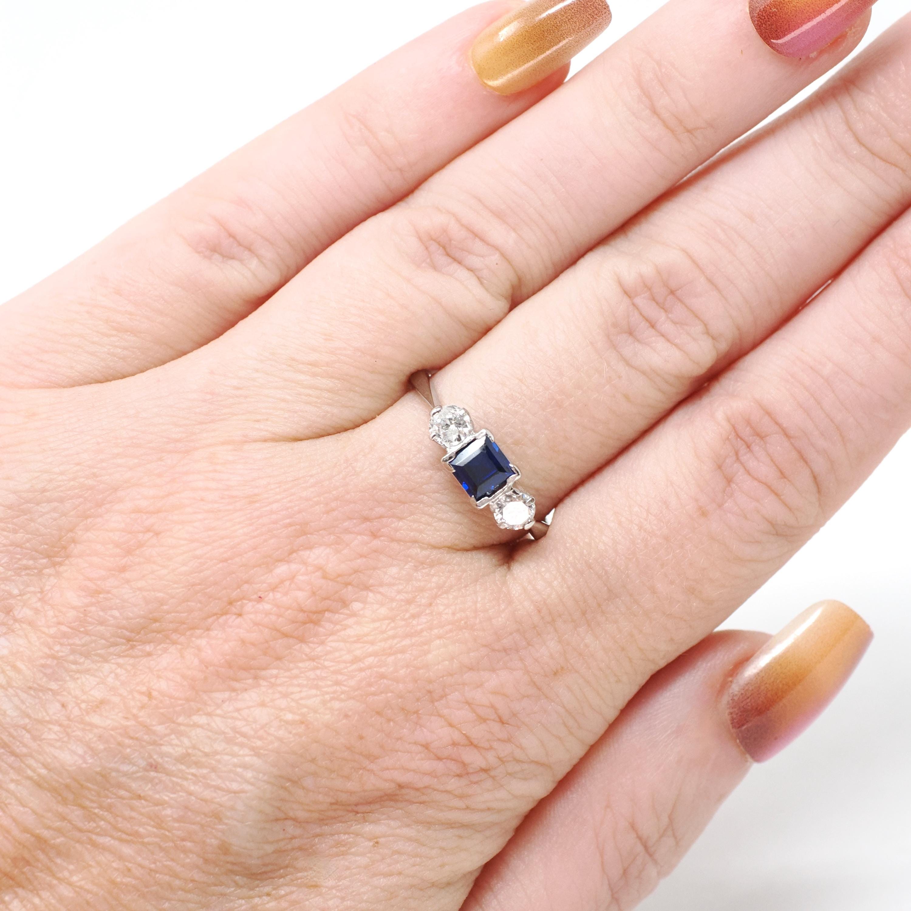 Vintage Three Stone Ring - Mid Century 18k White Gold Created Blue Sapphire & .35 CTW Diamonds - Circa 1950s Size 7 1/4 Fine Bridal Jewelry