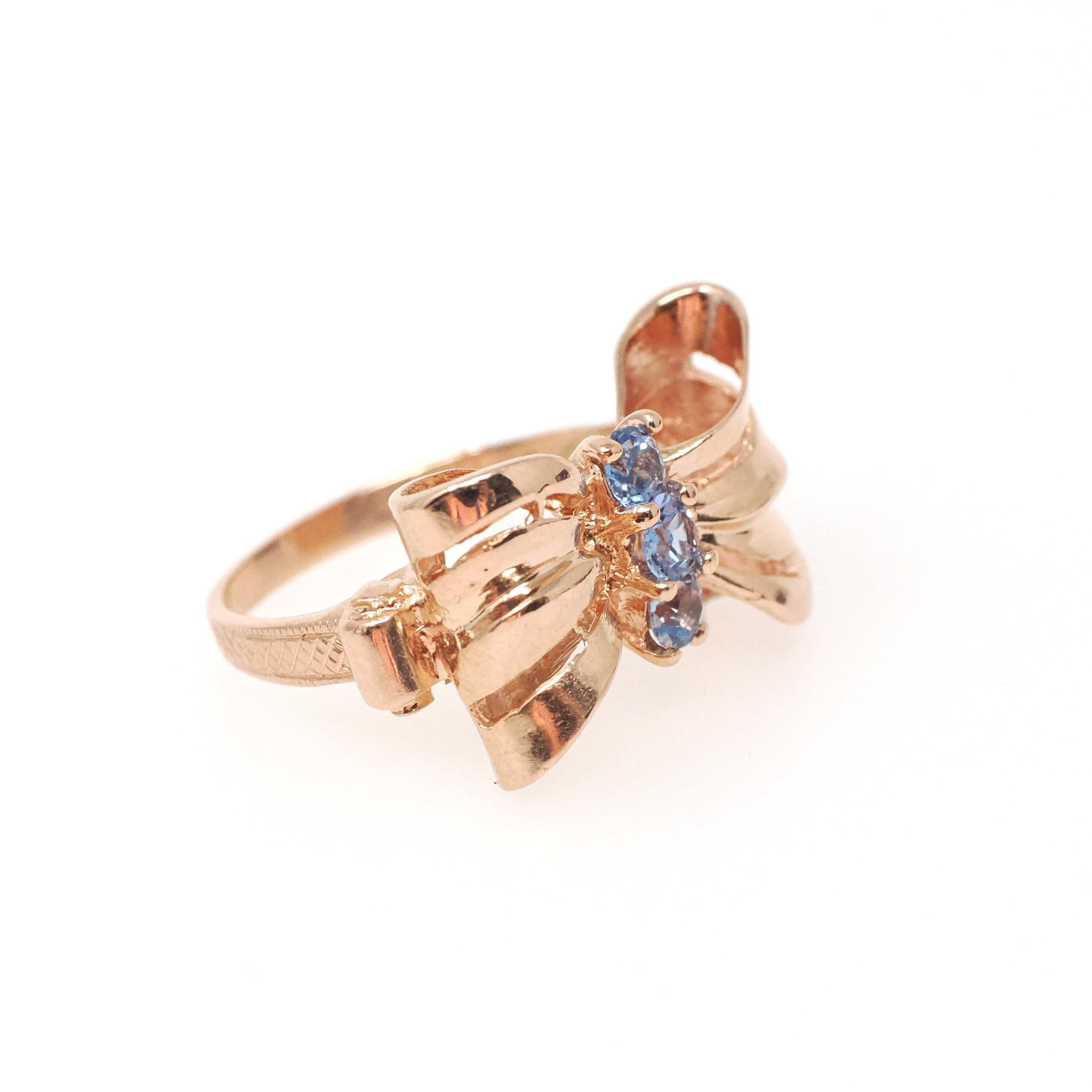 Vintage Bow Ring - Mid Century 10k Rose Gold Created Blue Spinel Gemstone Trio - Circa 1940s Era Size 5 1/2 Fine Dainty Ribbon 40s Jewelry