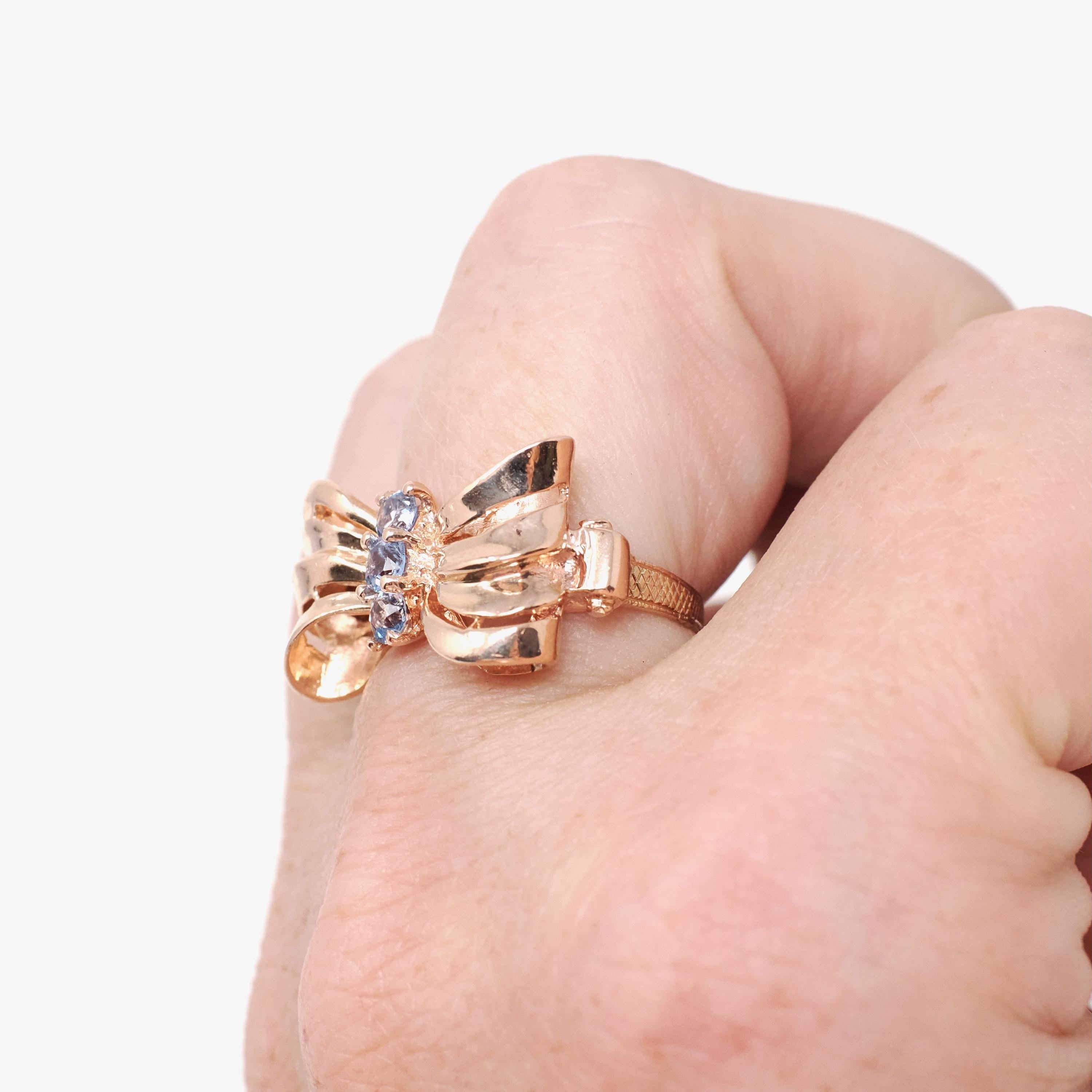 Vintage Bow Ring - Mid Century 10k Rose Gold Created Blue Spinel Gemstone Trio - Circa 1940s Era Size 5 1/2 Fine Dainty Ribbon 40s Jewelry