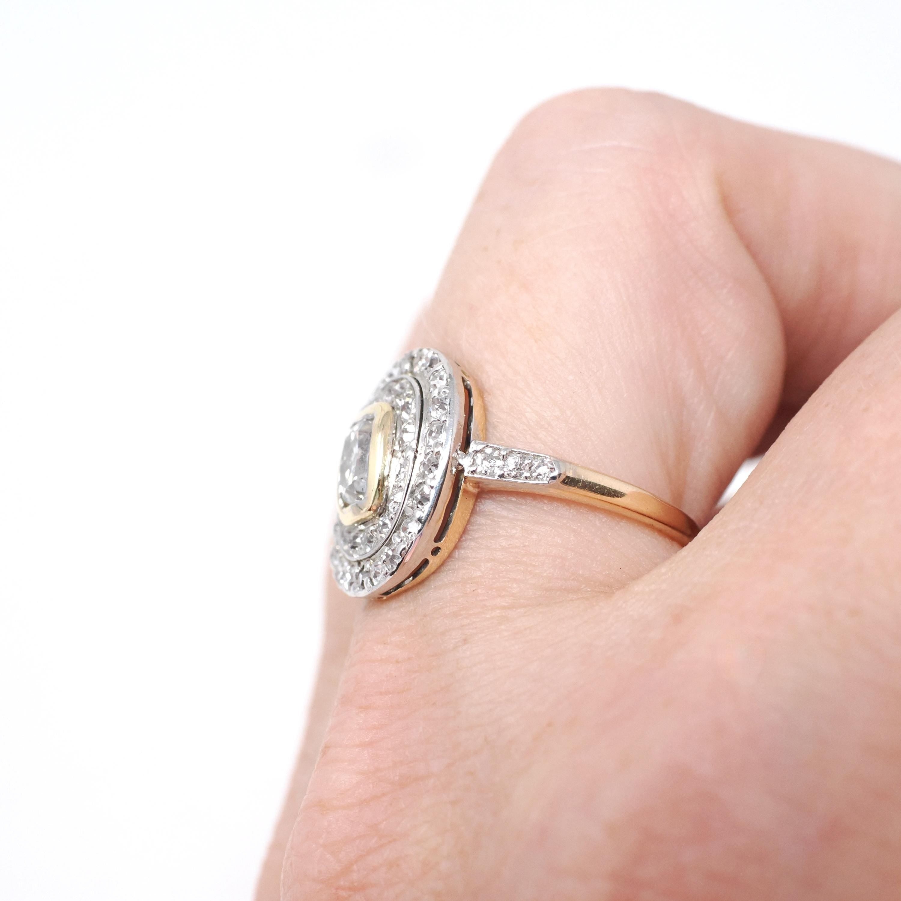 Antique Diamond Ring - Antique 14k White & 8k Yellow Gold 1.33 CTW Old Mine Cut Halo Cluster - Circa 1920s Size 6 1/2 Fine Two Tone Jewelry