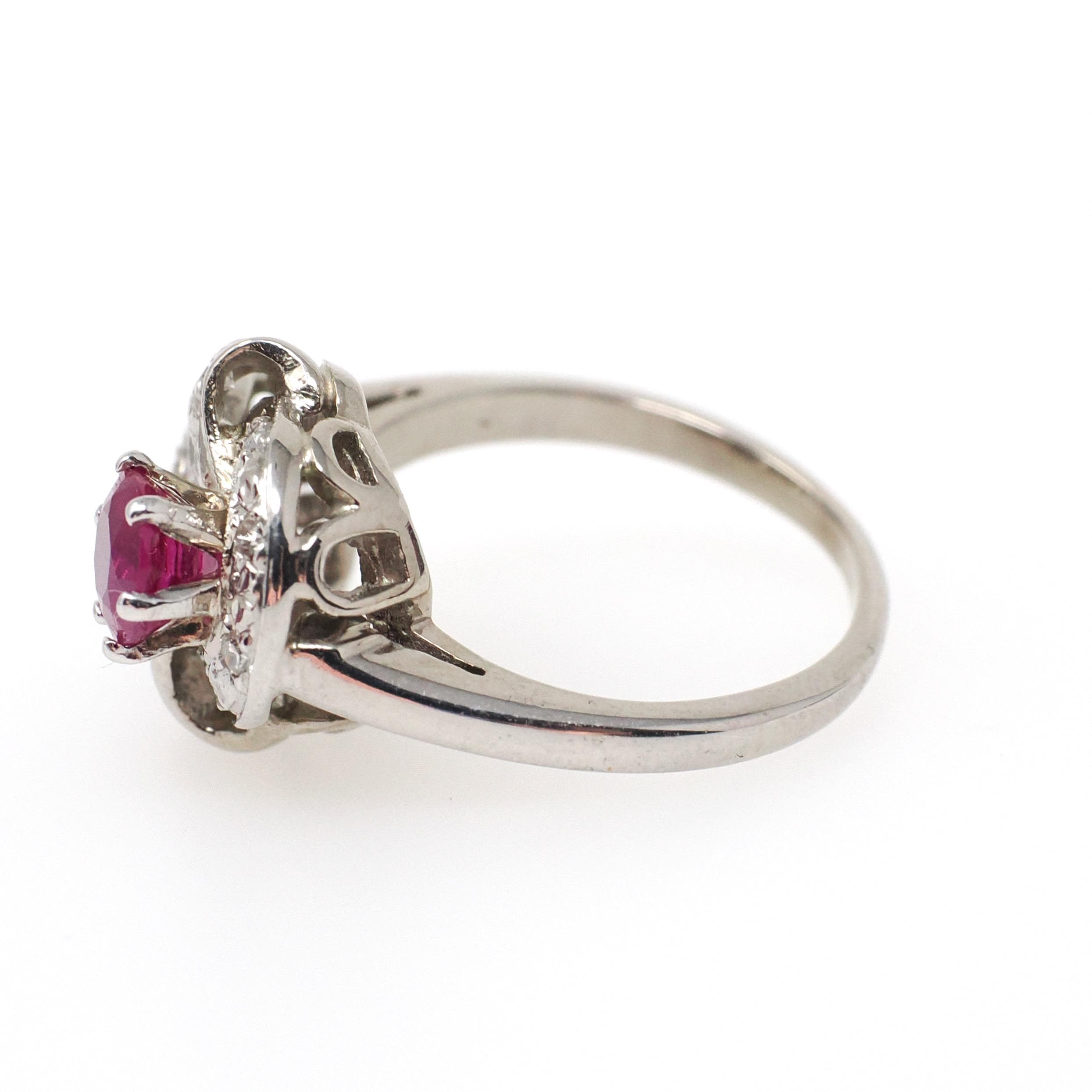 Mid Century Ruby Ring - Vintage 14k White Gold Nature Inspired Diamond Cluster - Circa 1950s Era Size 6 1/4 July Birthstone Fine Jewelry