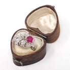 Mid Century Ruby Ring - Vintage 14k White Gold Nature Inspired Diamond Cluster - Circa 1950s Era Size 6 1/4 July Birthstone Fine Jewelry
