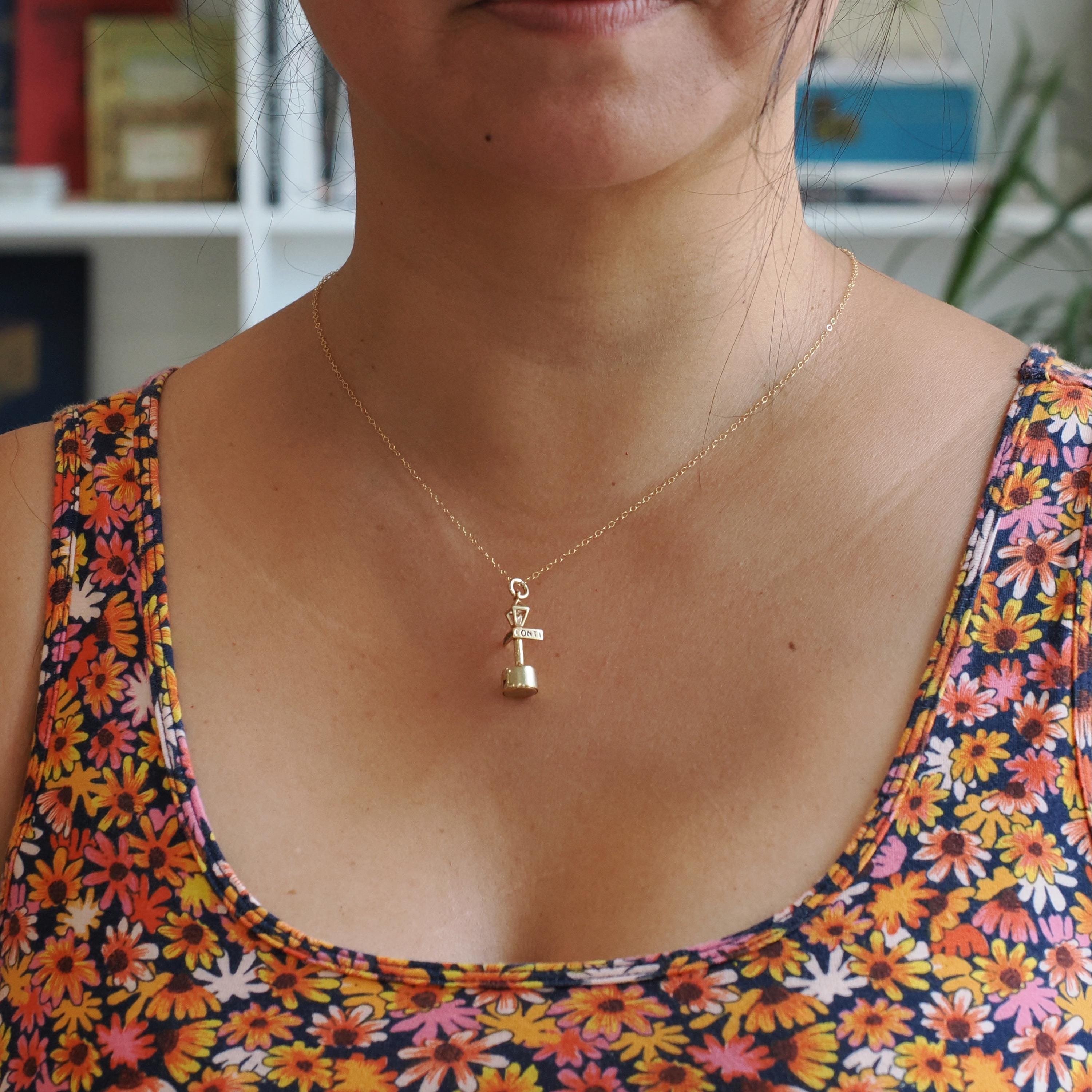 Vintage Lamppost Charm - Modernist 14k Yellow Gold Figural Battery Light Pendant Necklace - Circa 1970s New Orleans Bourbon St Fine Jewelry