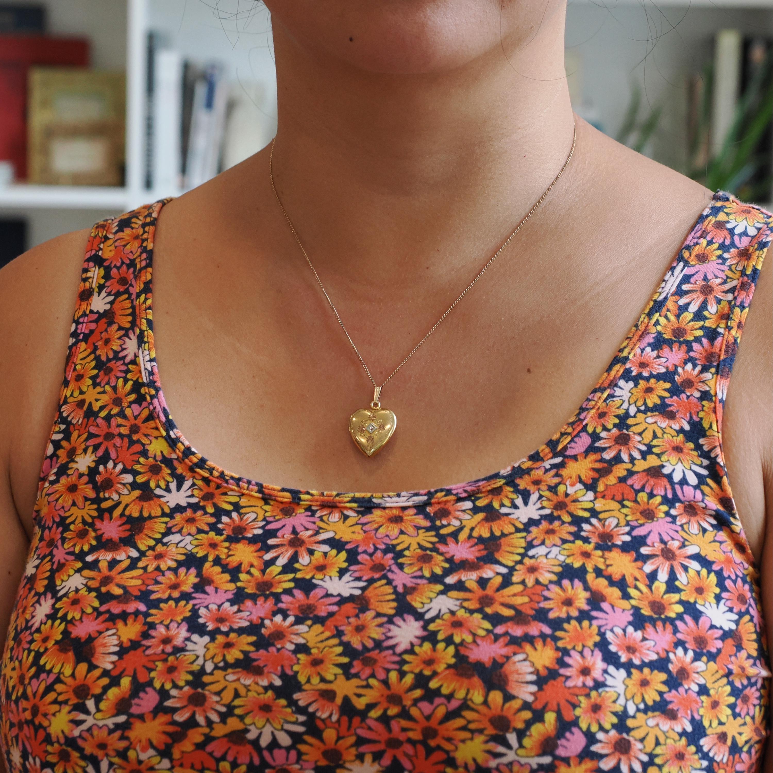 Vintage Heart Locket - Retro 12k Gold Filled Diamond Flower Pendant Necklace - Circa 1940s Era Statement Keepsake Photograph Dason Jewelry