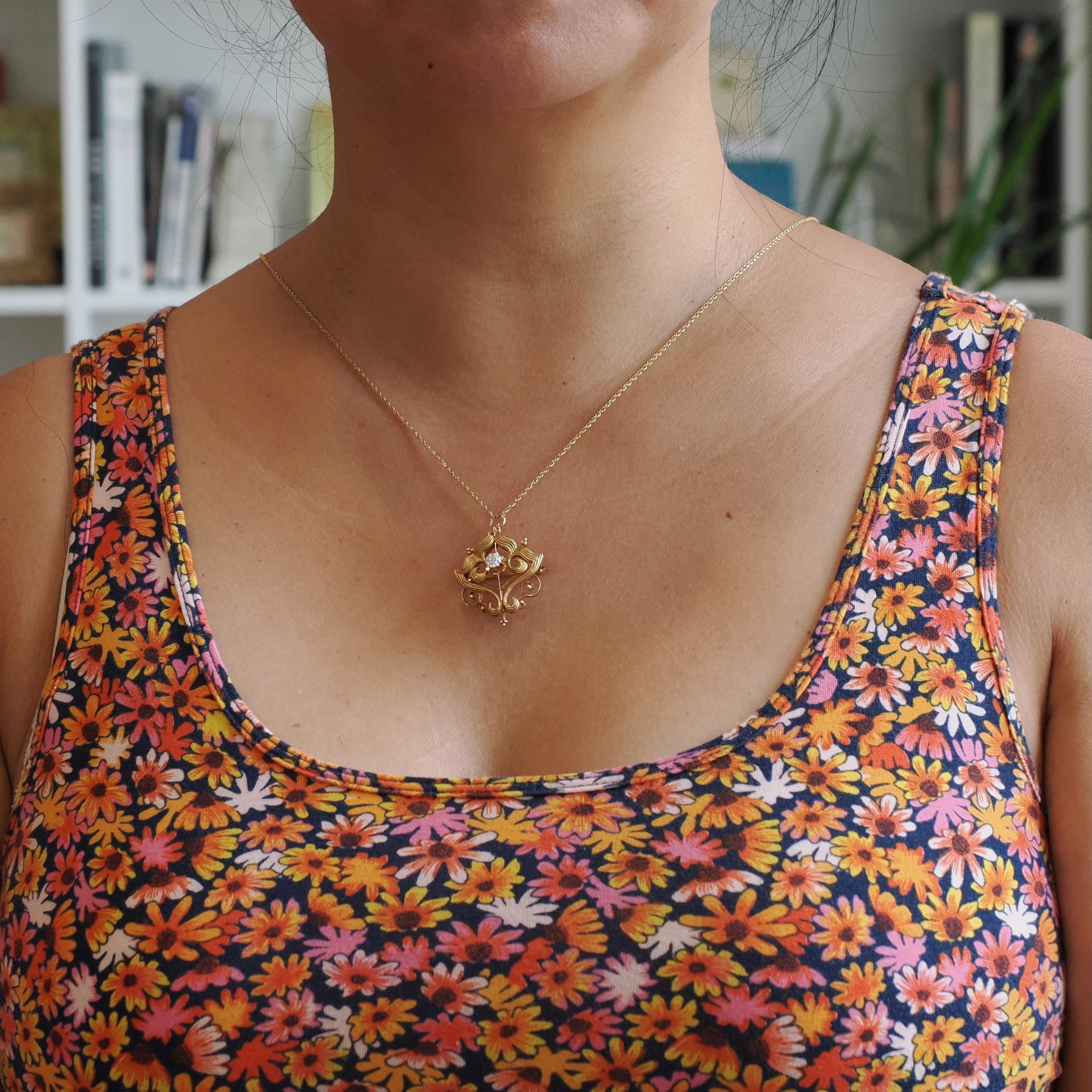 Art Nouveau Diamond Necklace - Edwardian 14k Yellow Gold Natural Diamond .31 CT Pendant Brooch Conversion - Early 1900s Era Fine Jewelry