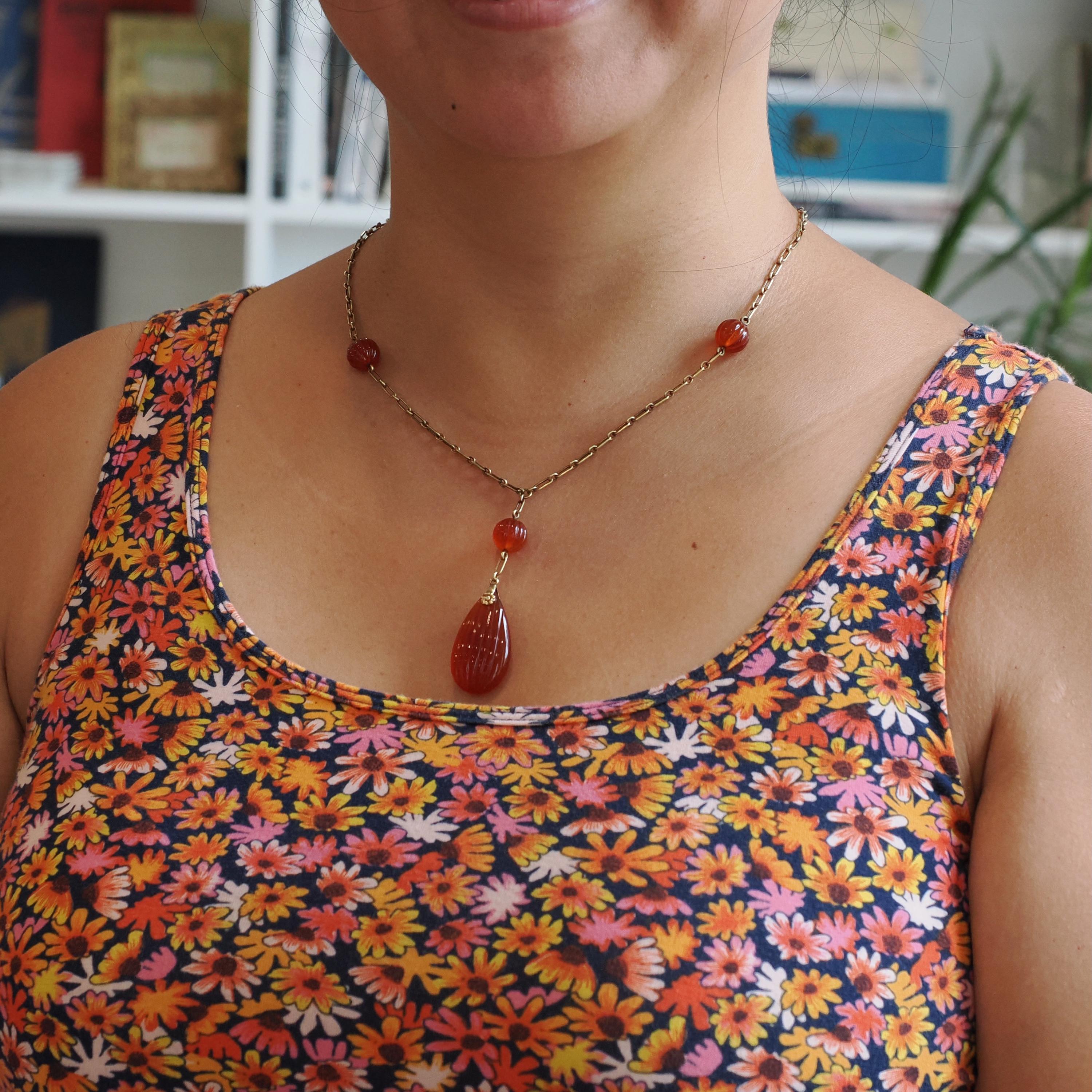 Art Deco Necklace - Vintage 14k Yellow Gold Natural Carved Orange Carnelian Gemstones - Circa 1930s Era Statement Beaded Flower Fine Jewelry