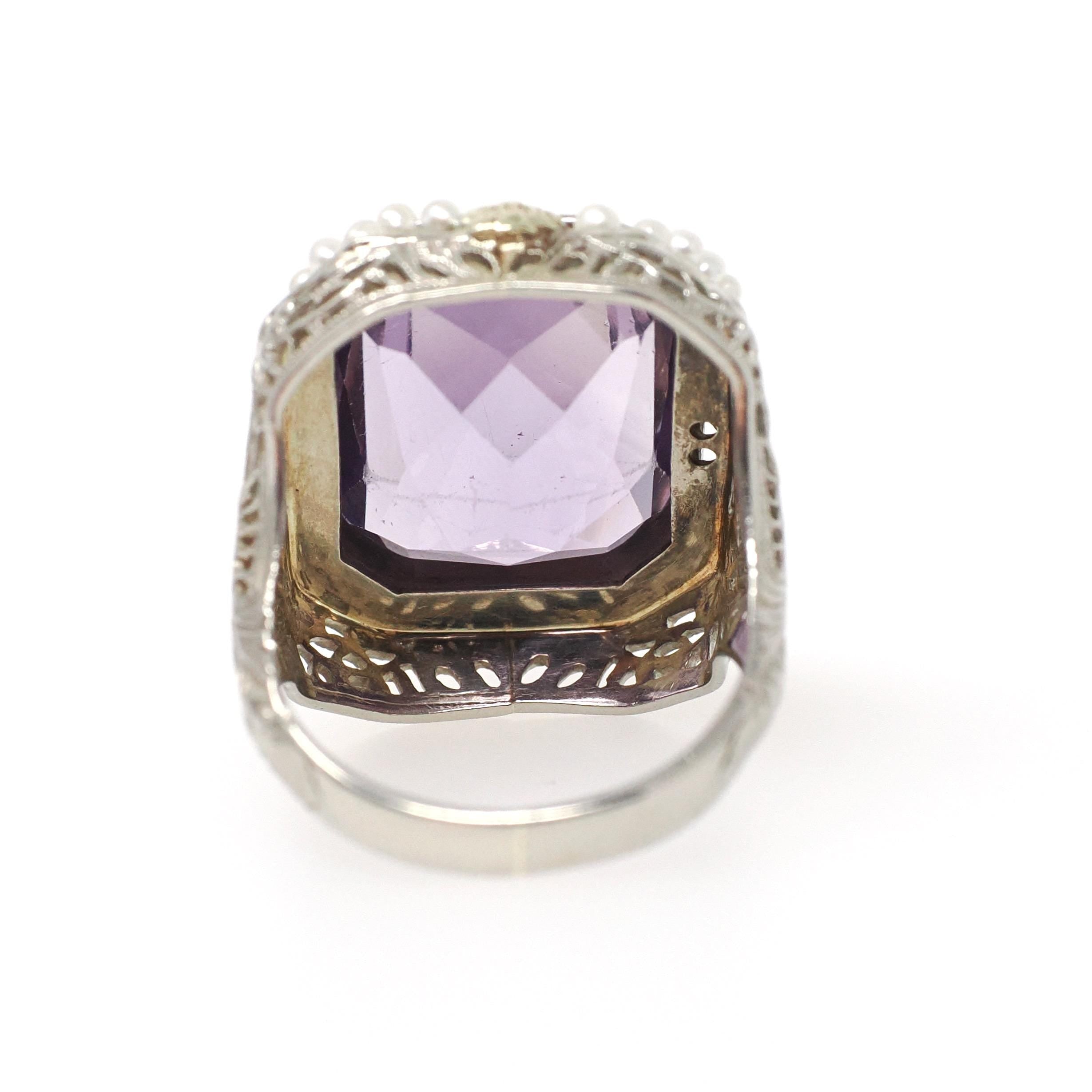 Vintage Amethyst Ring - Art Deco 14k White Gold Filigree Purple Gemstone Seed Pearl Halo - Circa 1930s Size 4 1/2 Fine Statement Jewelry