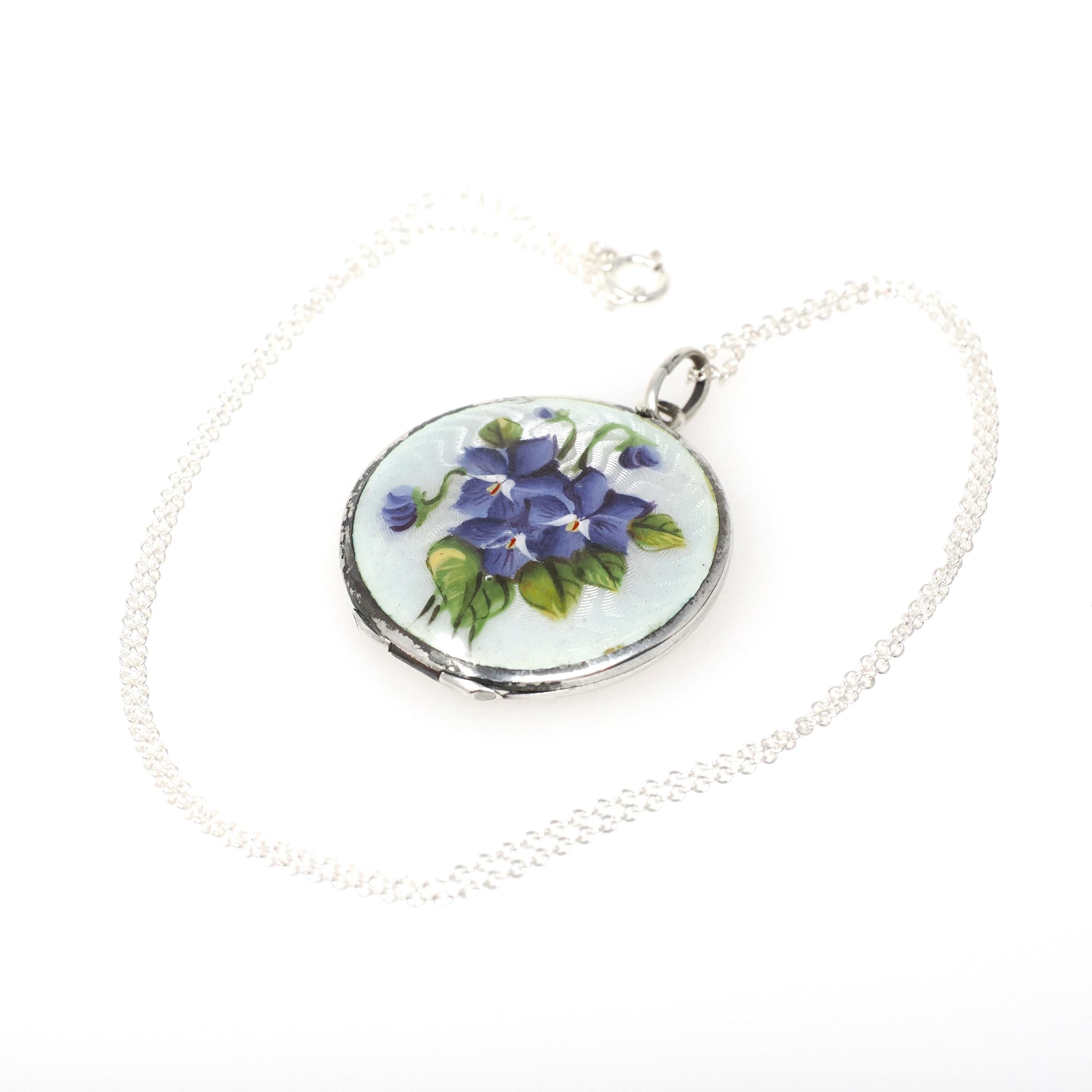 Antique Enamel Flower Locket - Edwardian Sterling Silver Guilloché Keepsake Pendant Necklace - Circa 1910s Original Photograph Fine Jewelry
