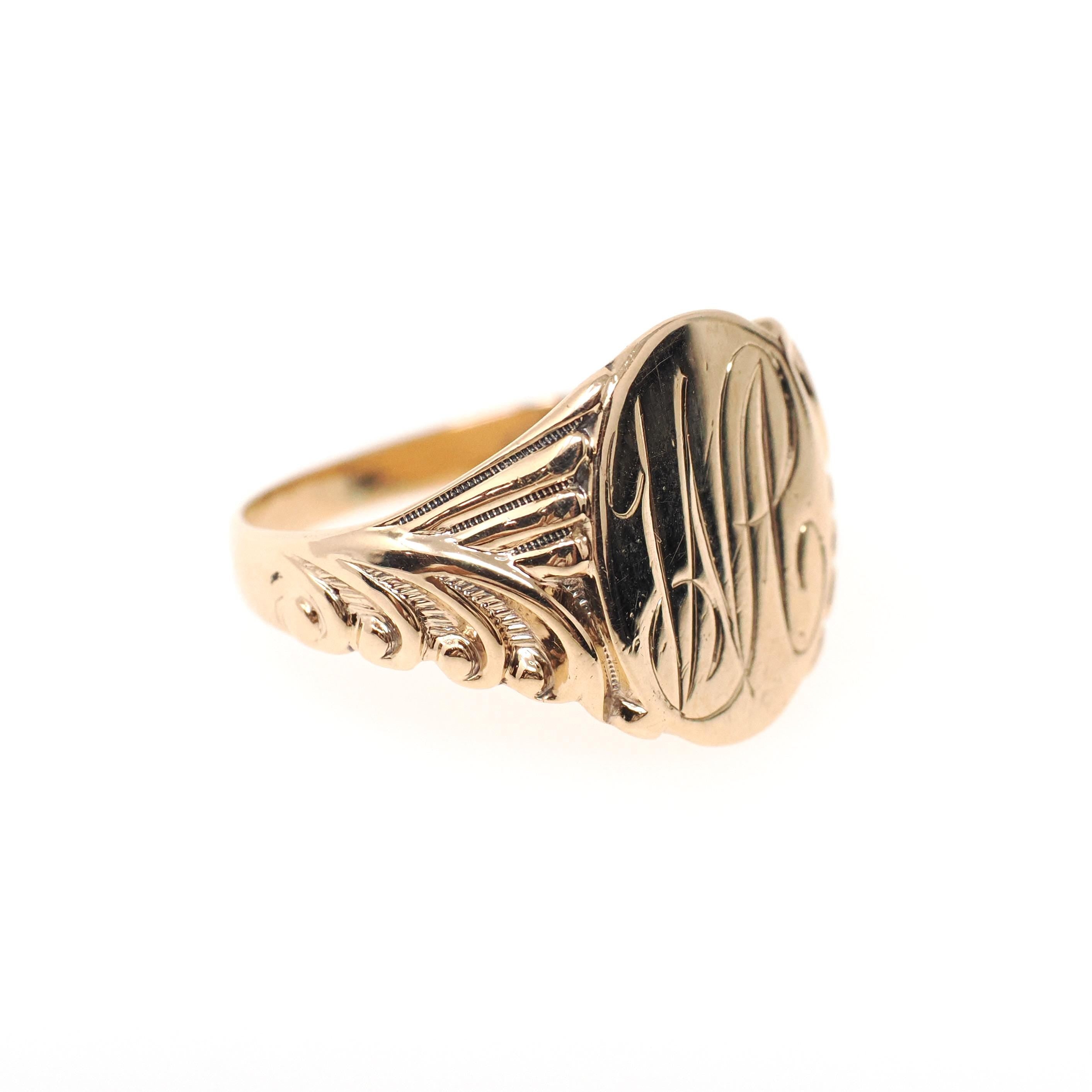 Edwardian Signet Ring - Antique 10k Yellow Gold Oval "WA" Engraved Initial Letters - Vintage 1910s Size 8 3/4 Fine Men's Unisex Jewelry