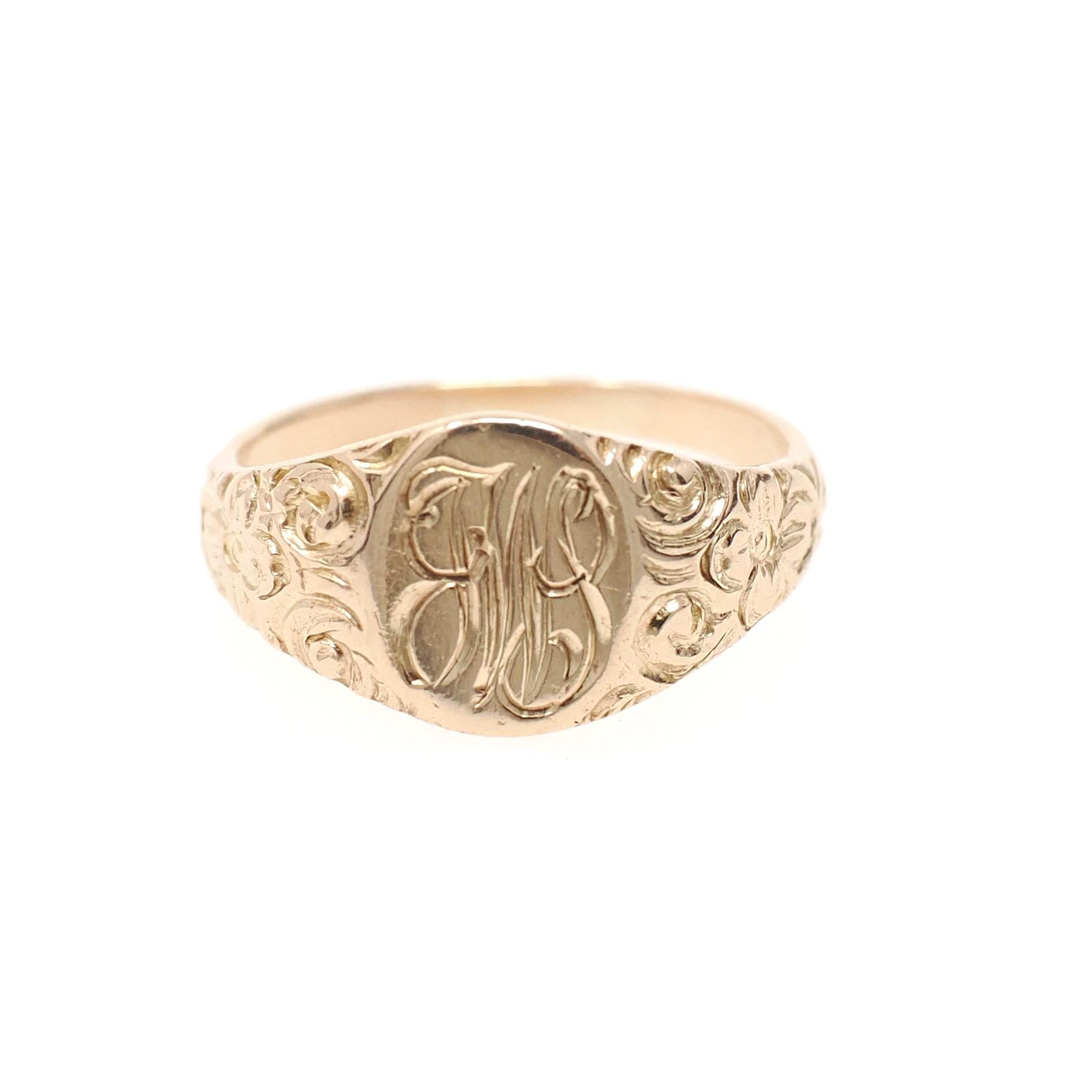 Antique Signet Ring - Edwardian Era 14k Yellow Gold Letters "JWS" Petite Pinky Midi - Vintage Circa 1910s Size 1 Floral Flower Fine Jewelry