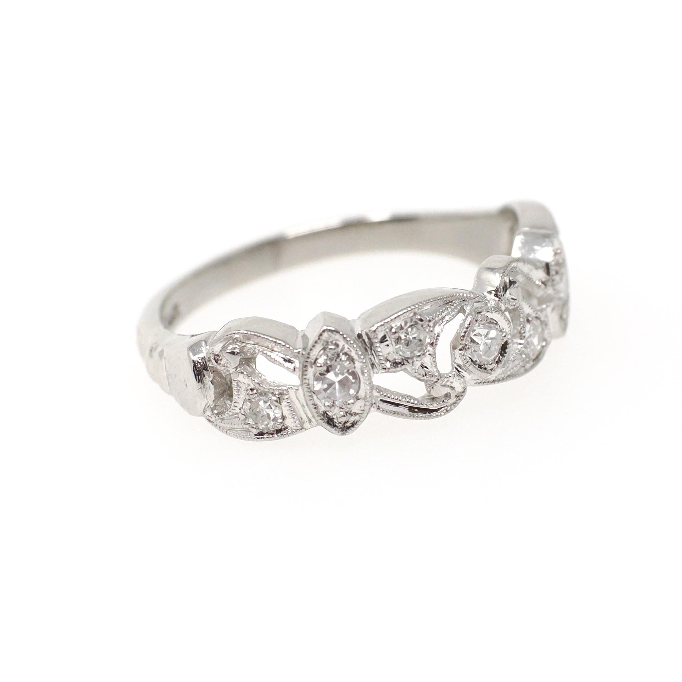 Diamond Wedding Band - Vintage Platinum .25 CTW Open Metal Filigree Design Ring - Mid Century Circa 1950s Era Size 7 1/2 Fine Bridal Jewelry