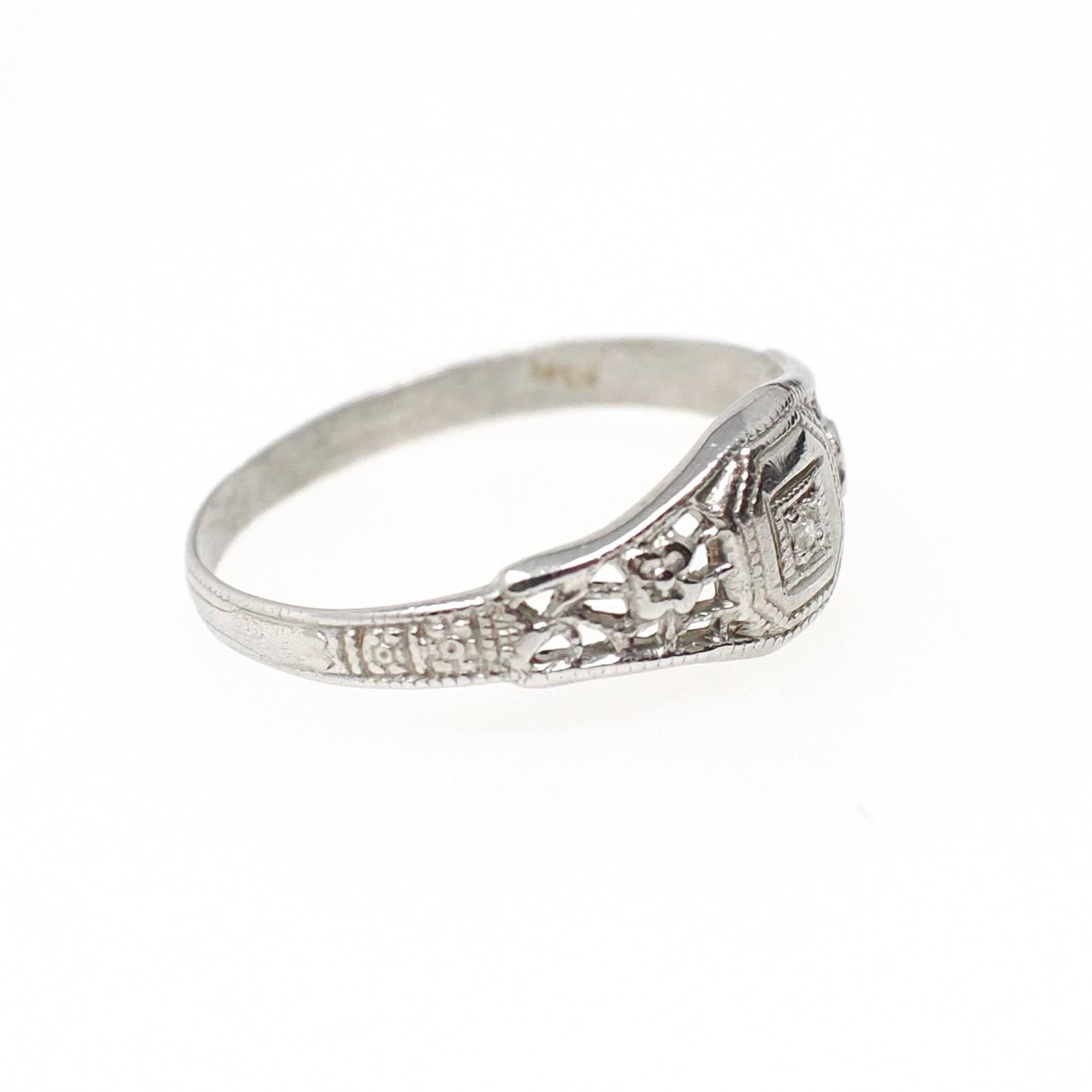 Vintage Baby Ring - Art Deco 14k White Gold Natural Diamond Flower Filigree Midi Band - Circa 1930s Era Size 3 Floral Dainty Fine Jewelry