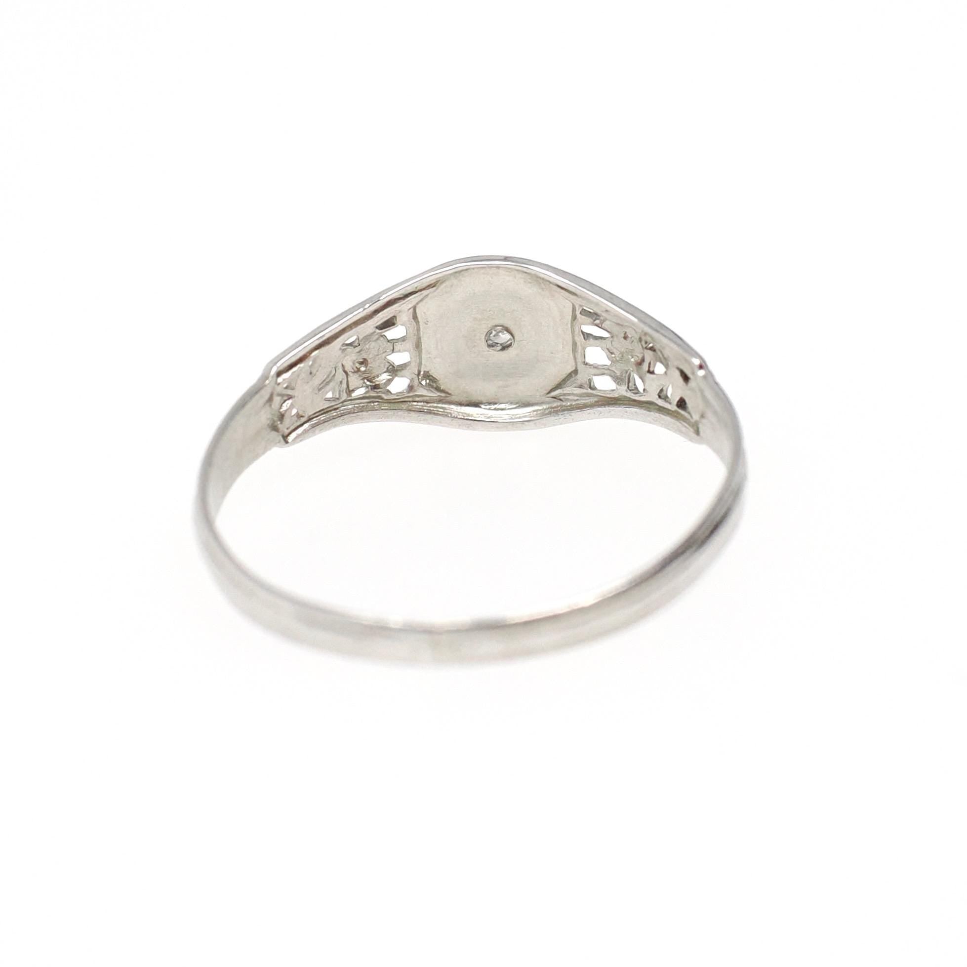 Vintage Baby Ring - Art Deco 14k White Gold Natural Diamond Flower Filigree Midi Band - Circa 1930s Era Size 3 Floral Dainty Fine Jewelry